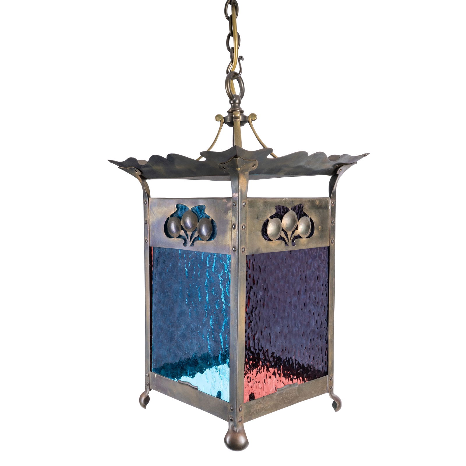 Arts and Crafts Hall lantern: Early 20th century Brass, red and blue glass Unmarked 45cm high to the top of the hanging loop, 24.5cm square