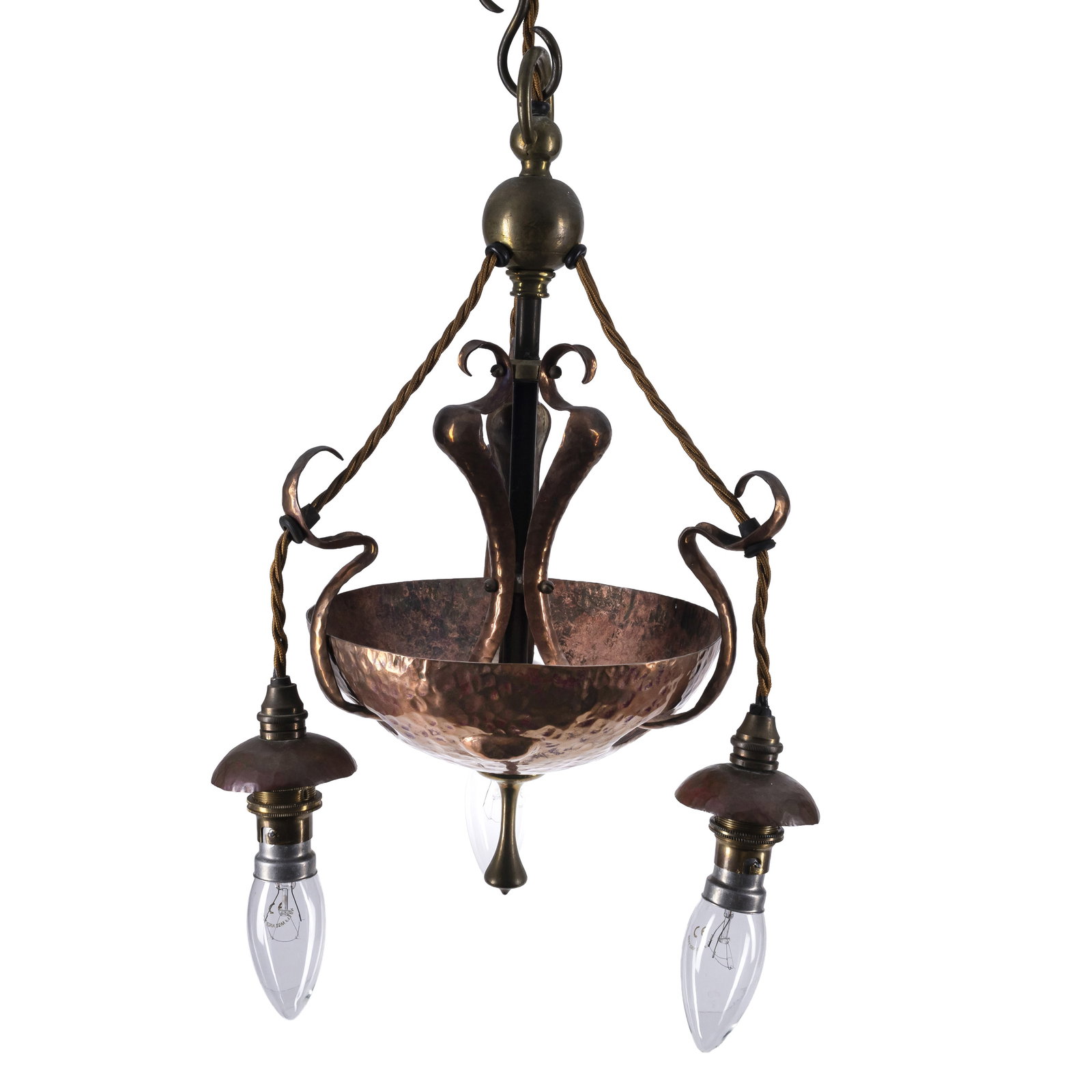 Arts and Crafts in the manner of Jesson Birkett or W.A.S. Benson, Powell type shades Three branch: Circa 1905 Hammered copper, brass, replacement glass shades (later) in clear glass with pink drips Unmarked Approximate drop from ceiling: 51cm, approx diameter 19cm