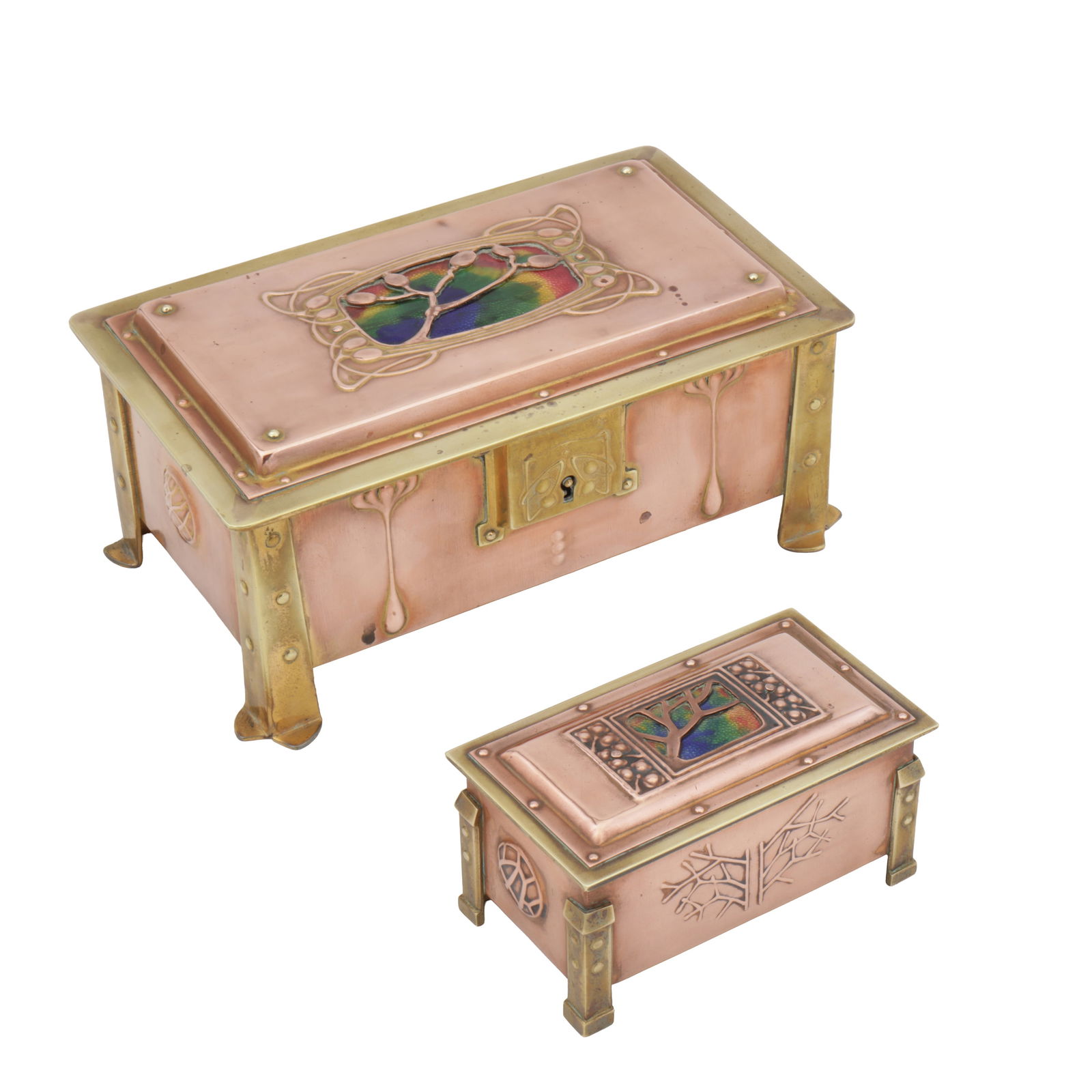 Arts and Crafts, British Large and small caskets or boxes with central polychrome enamel to the (1 of 1)