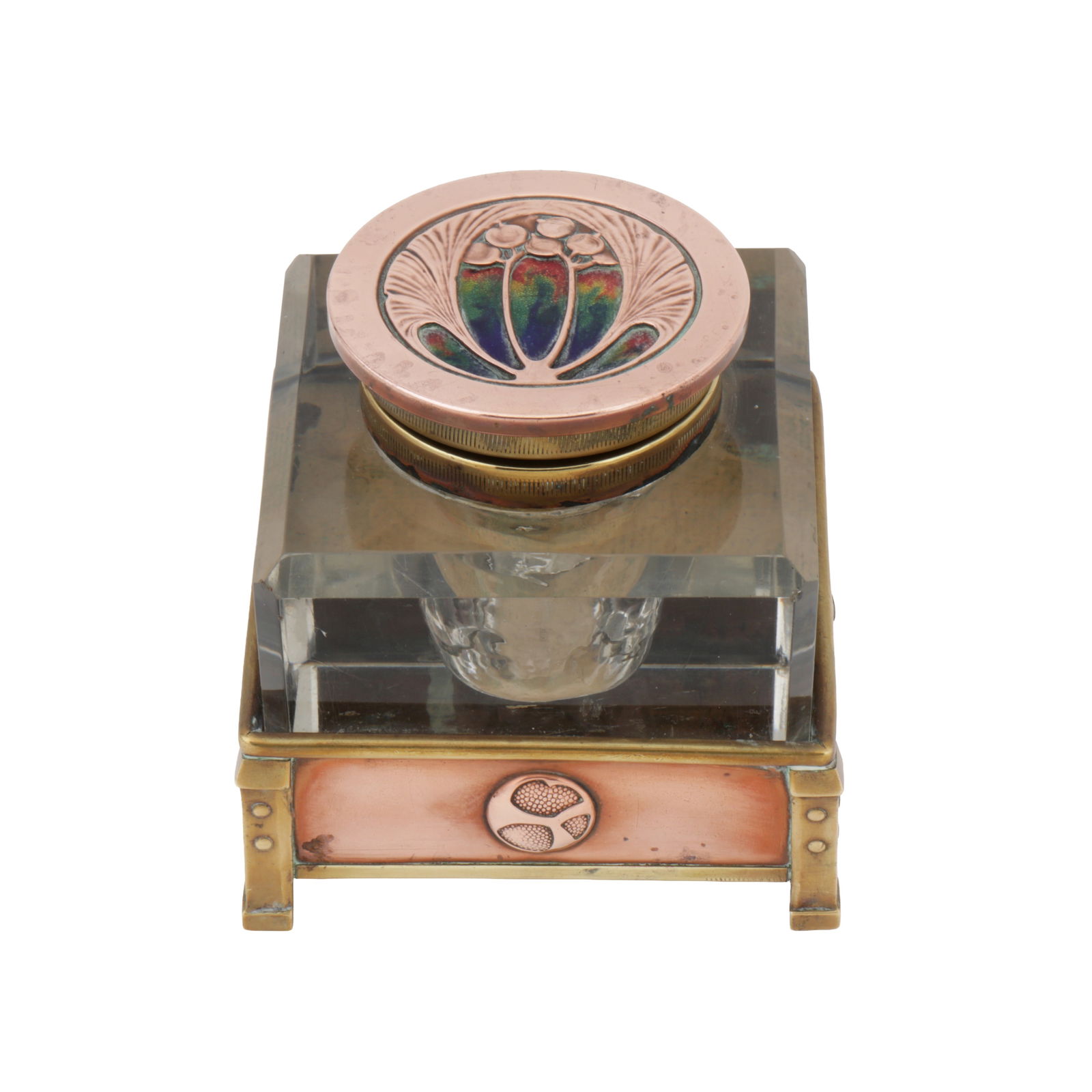 Arts and Crafts, British Inkwell with polychrome enamel to hinged cover (1 of 1)