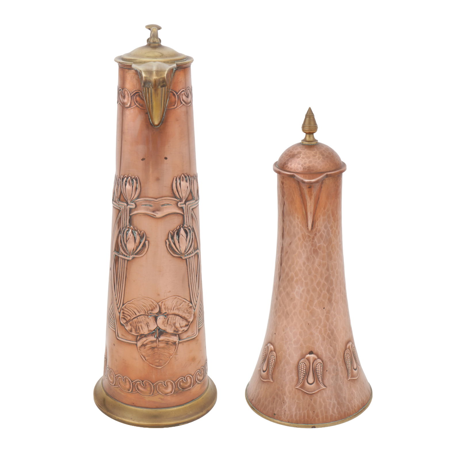 WMF and Deffner Karl Ulrich, German Two Arts and Crafts ewers or claret jugs, one decorated with: Circa 1905 Brass and copper Taller jug stamped with mark for Deffner Karl Ulrich Esslingen, Smaller stamped for WMF and '117' 35cm high and 28.5cm high (2)