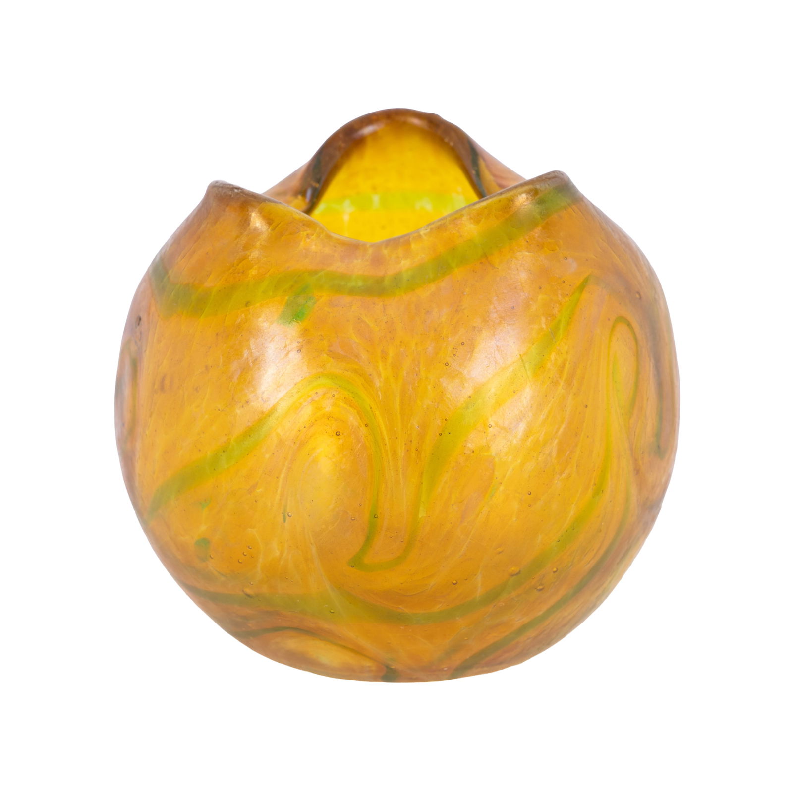 Otto Thamm for Fritz Heckert, Germany Art Nouveau vase in iridescent yellow with green trails: Circa 1910 Glass Unsigned 6.5cm high, 7cm diameter