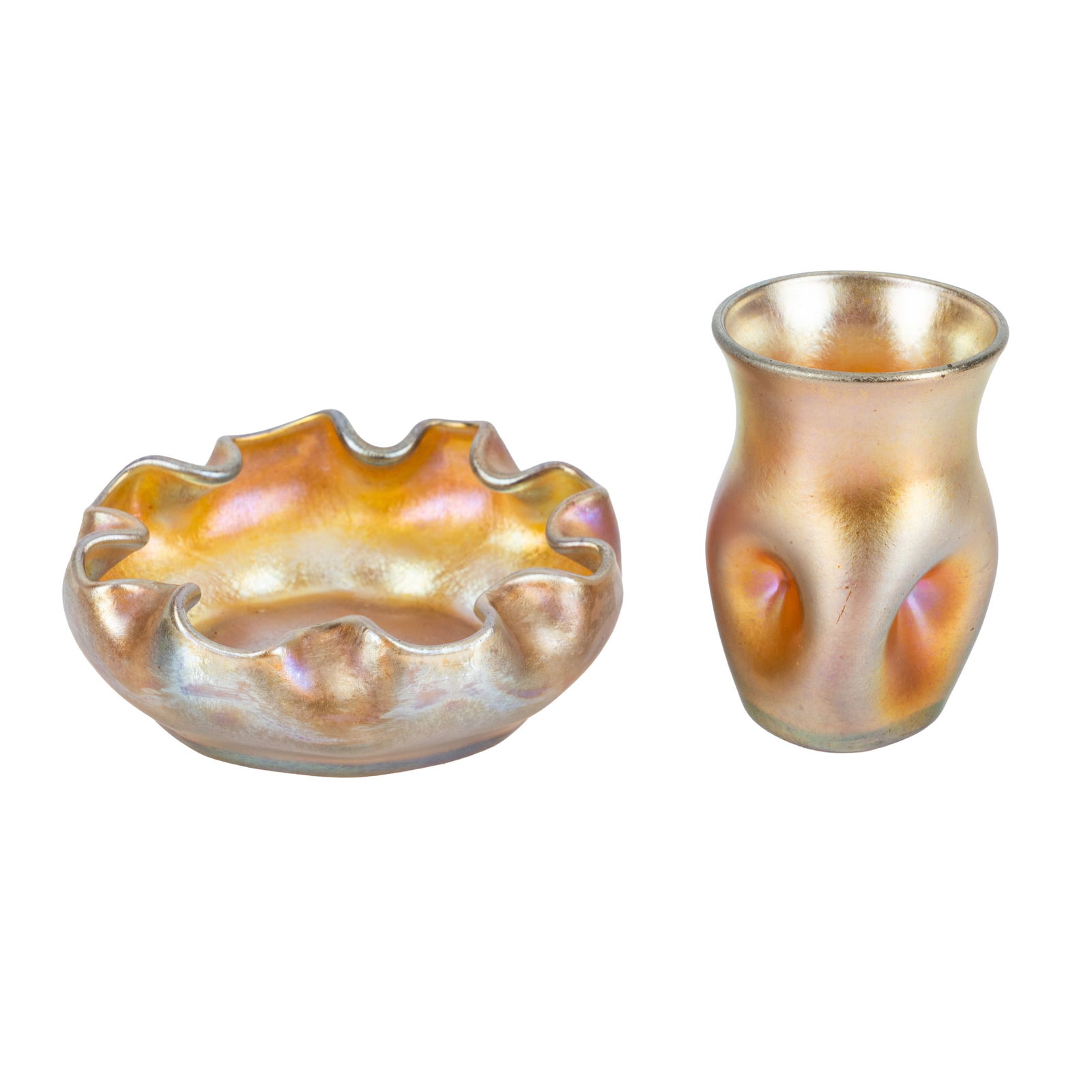 Louis Comfort Tiffany (1843-1933), and Steuben glass, America Small 'Favrile' pinched rim dish and: Circa 1910 Glass Dish etched 'L.C.T.' and vase etched 'Aurene 3959' Dish: 7.5cm diameter, 2.5cm high, Vase: 5.7cm high (2)