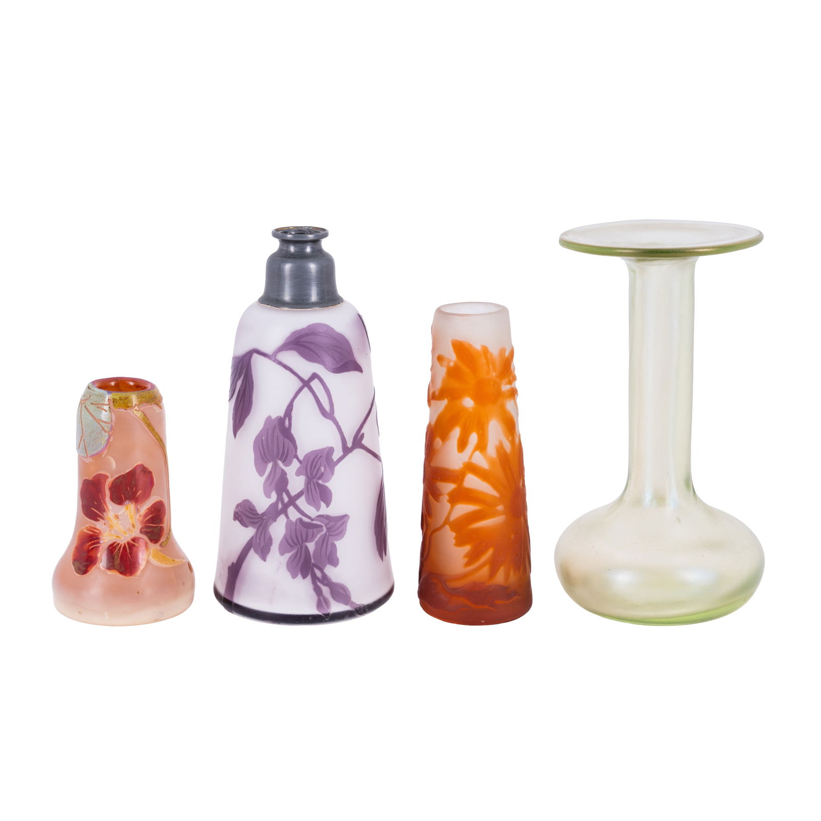Galle, Legras and others Group of Art Nouveau glass: Circa 1905 Glass Miniature Galle, signed in cameo with mark for 1905-1908, 9.8cm high, Legras vase, signed in cameo, 7cm high, Iridescent vase possibly Loetz, unsigned, 12cm high, and a Thomas Webb st