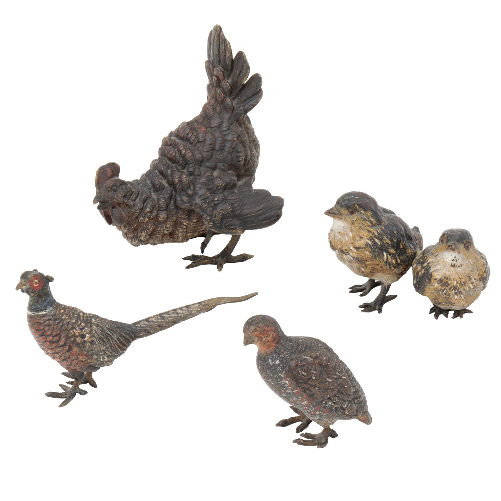 Franz Xavier Bergmann (Austrian 1861-1936) and the Vienna workshops, Austrian Model of a chicken, a: Circa 1900 Cold painted bronze Chicken: stamped on the tail indistinctly 'GESCH', 'DEPOSE', '546, all other models unsigned Chicken: 10cm high, Grouse and pheasant: 5cm high, Bird group: 8cm high (4)