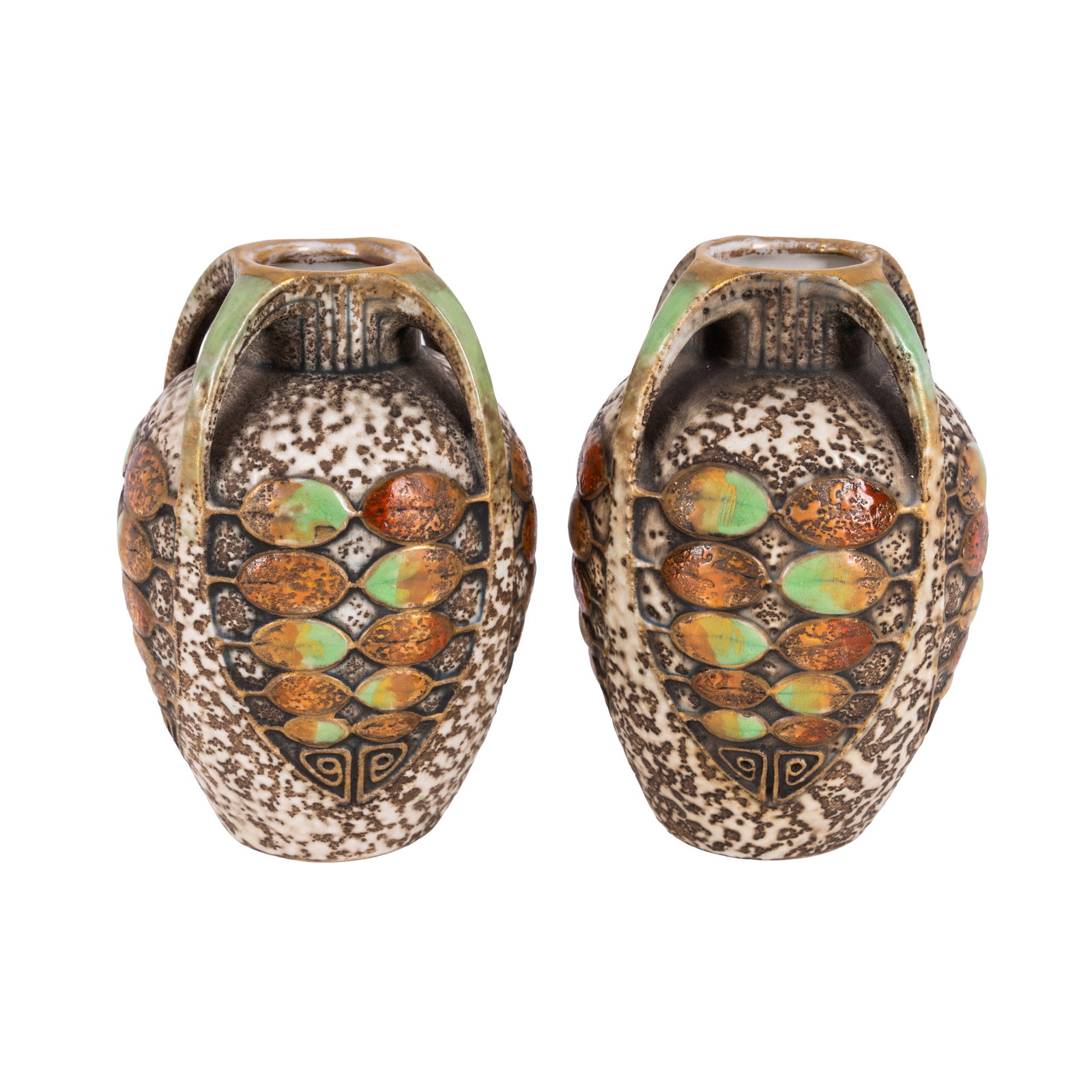 Paul Dachsel (Czechoslovakian b.1880) for Ernst Wahliss (attributed) Pair of four-handled vases,: Circa 1910 Glazed ceramic Underside incised model no. 9505 and painted marks 13cm high (2)