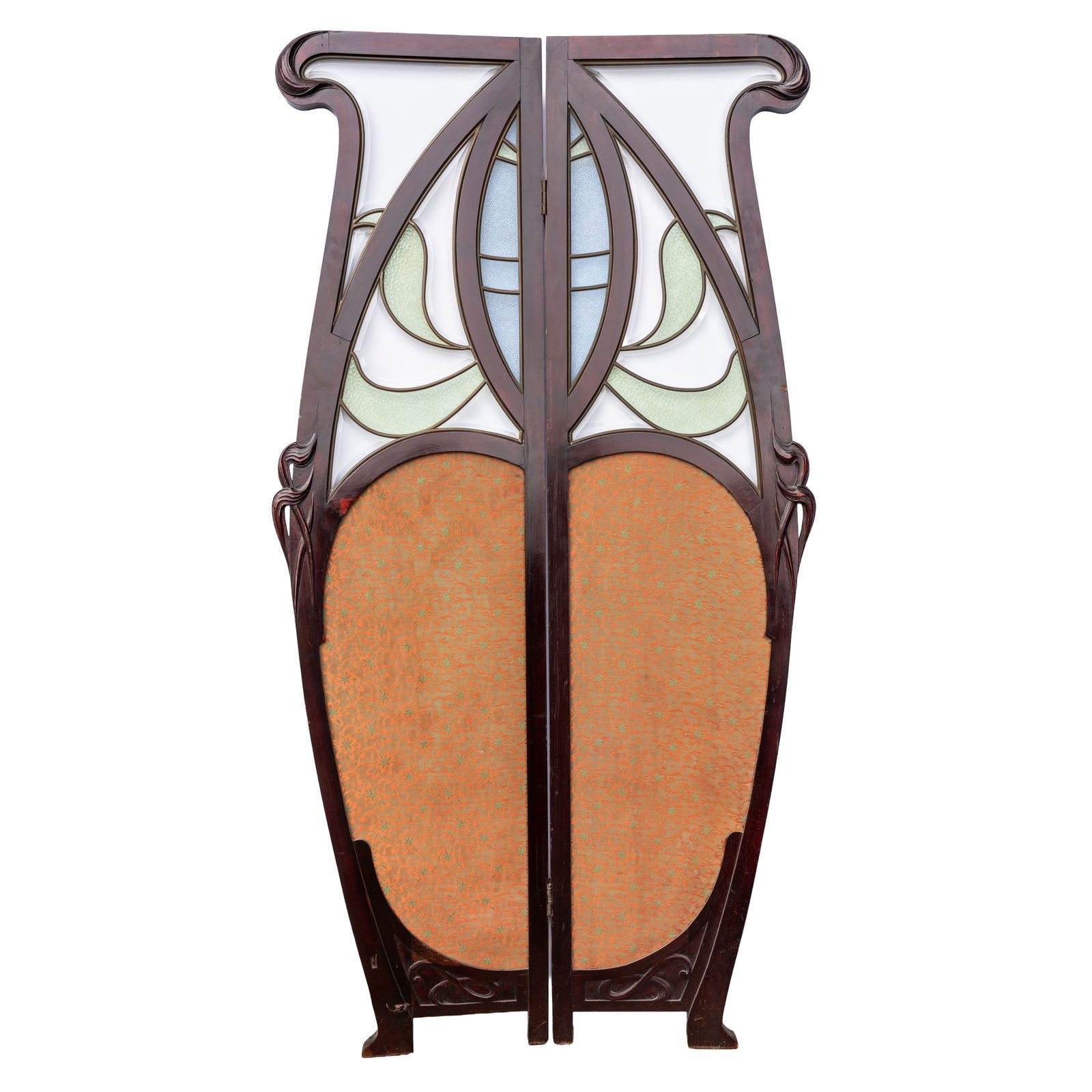 Art Nouveau Two fold screen: Circa 1900 Mahogany frame, clear glass, patterned green and blue glass panels, fabric panels 159.5cm high, each panel max width: 42cm