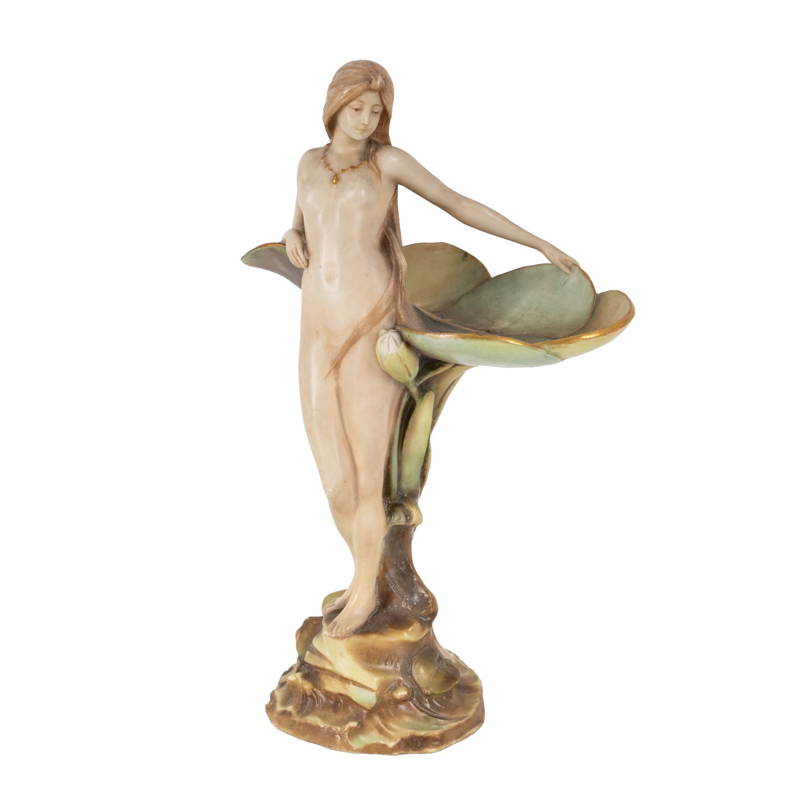 Ernst Wahliss (Austrian 1837-1900) Art Nouveau figure of a female nude with lily pads, model no.: 1897-1906 Porcelain Underside with printed 'EW Turn Wien' crown mark, impressed 'MADE IN AUSTRIA' and model number 24cm high