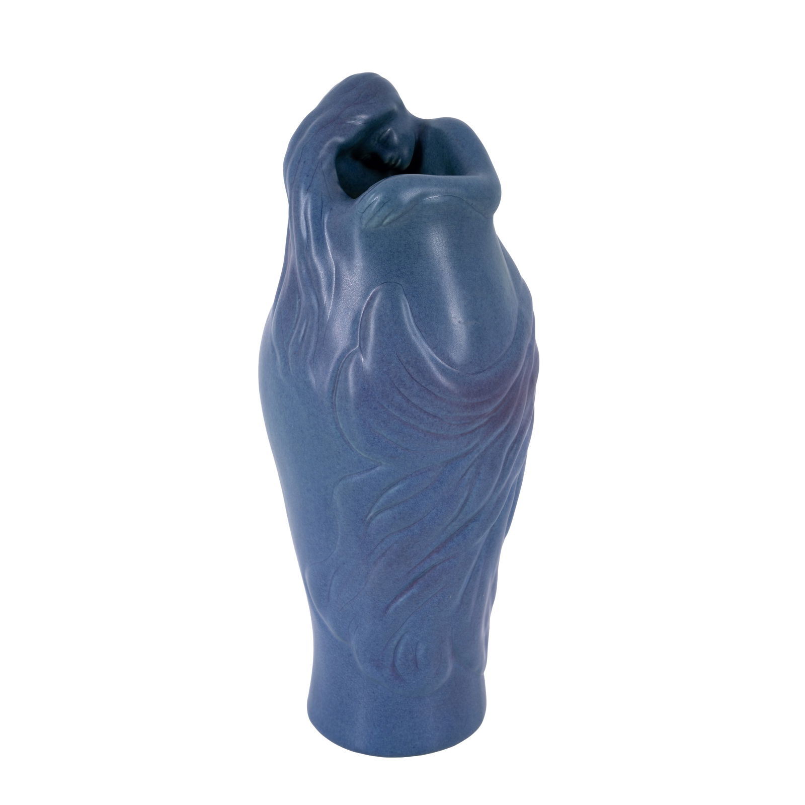 Van Briggle Pottery, American 'Lorelei' figural vase in blue modelled as a maiden with hair: Designed 1904 Matt glazed earthenware Incised makers mark, 'VAN BRIGGLE / COLO. SPGS. / D.R.' 28.5cm high Notes: Artus Van Briggle initially worked at Avon Pottery then at Rookwood Pottery. He moved t