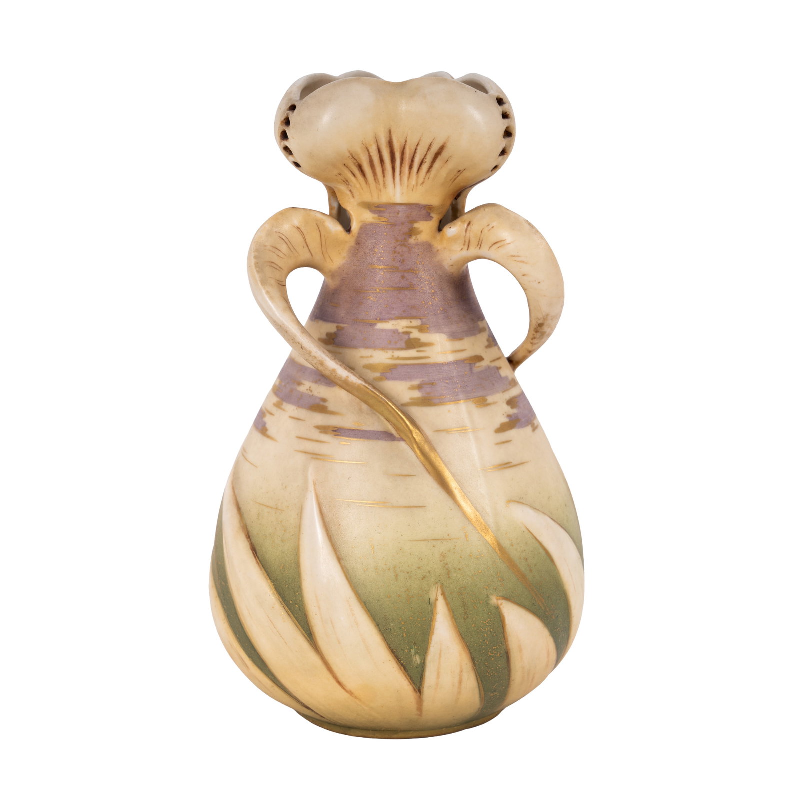 Riessner, Stellmacher & Kessel (Amphora), Turn Teplitz Twist handled vase with petals to neck and: 1899-1900 Porcelain Printed mark for 'Riessner, Stellmacher & Kessel, Turn Teplitz MADE IN AUSTRIA', along with painted 'AMPHORA' 15.5cm high