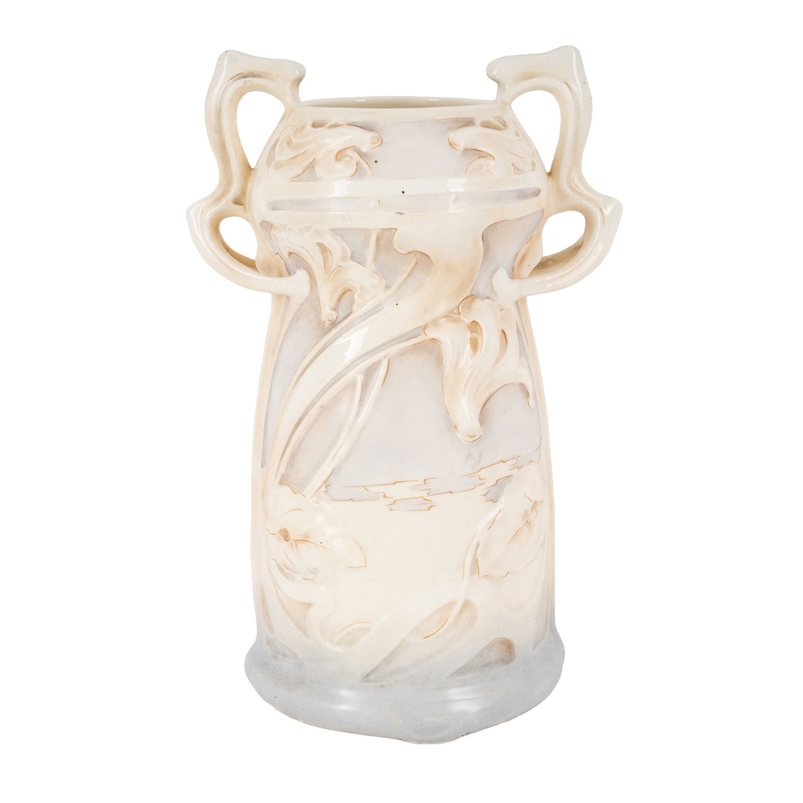Manner of Ernst Wahliss Art Nouveau Twin handled vase with whiplash decoration: Circa 1910 Porcelain Underside impressed stamp '4314 U' 29cm high