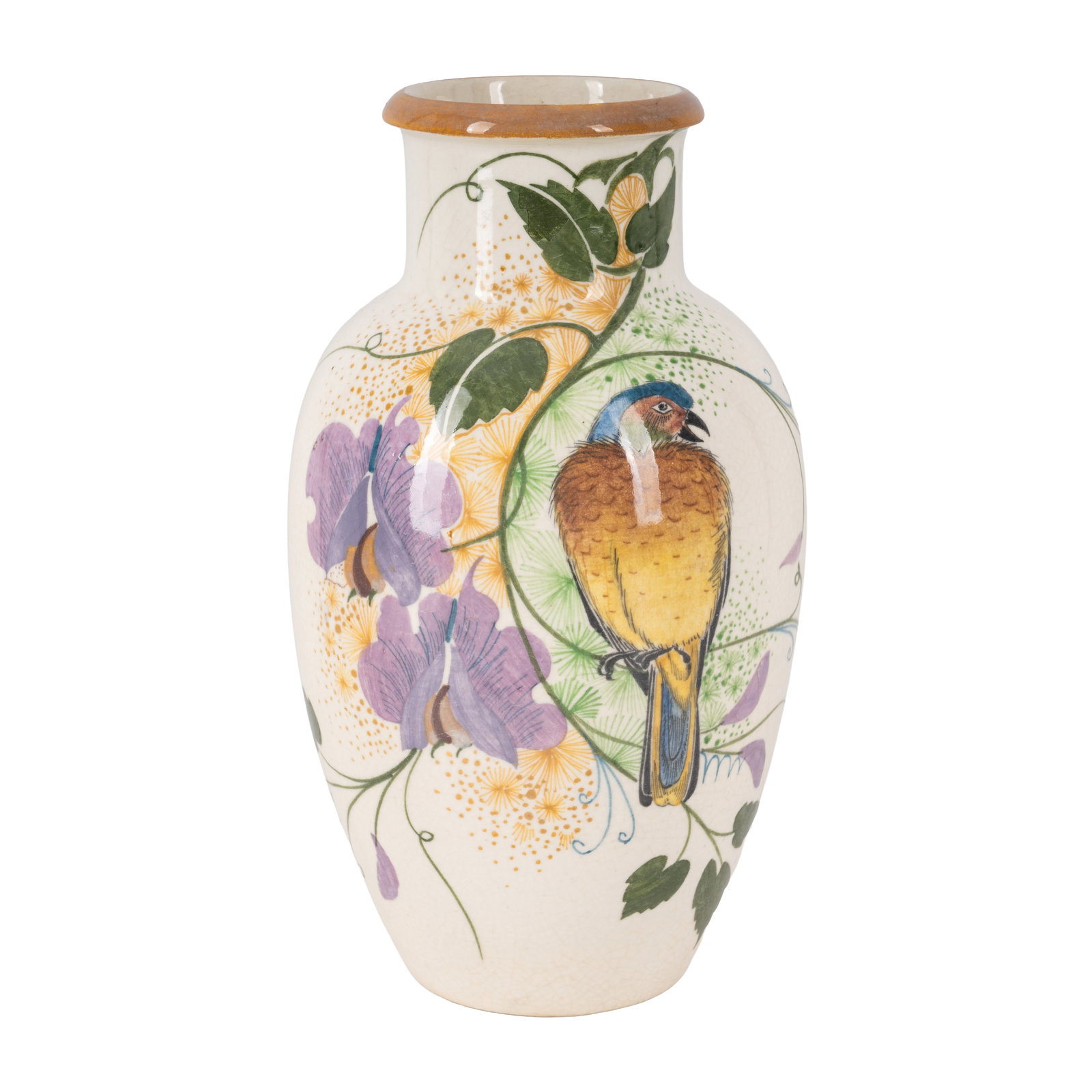 Amphora, Holland Vase decorated with a bird and stylised flowers on a white ground: Circa 1910 Painted and glazed earthenware Underside painted 'AMPHORA HOLLAND / 587 - 1 - 10 / JL' 25cm high Notes: A very similar design was produced by PZH, Holland