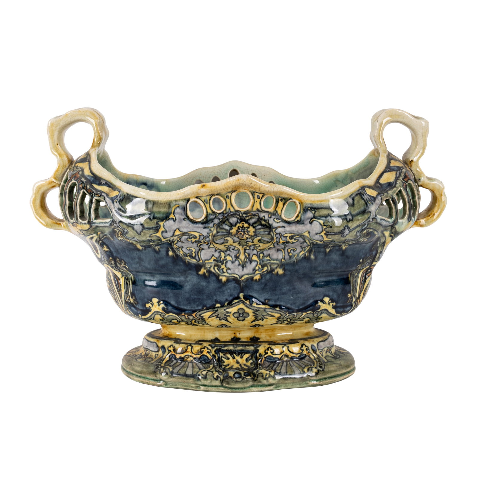 J.W. Mijnlieff (1862-1940) for Fayence en Tegelfabriek, Utrecht Art Nouveau large twin handled: Circa 1900 Painted and glazed earthenware Painted factory marks and artist's monogram 42cm wide, 26cm high Literature De Collectie Holland: Art nouveau keramiek van de NV Faience-en-Tegelfabriek 'Holl