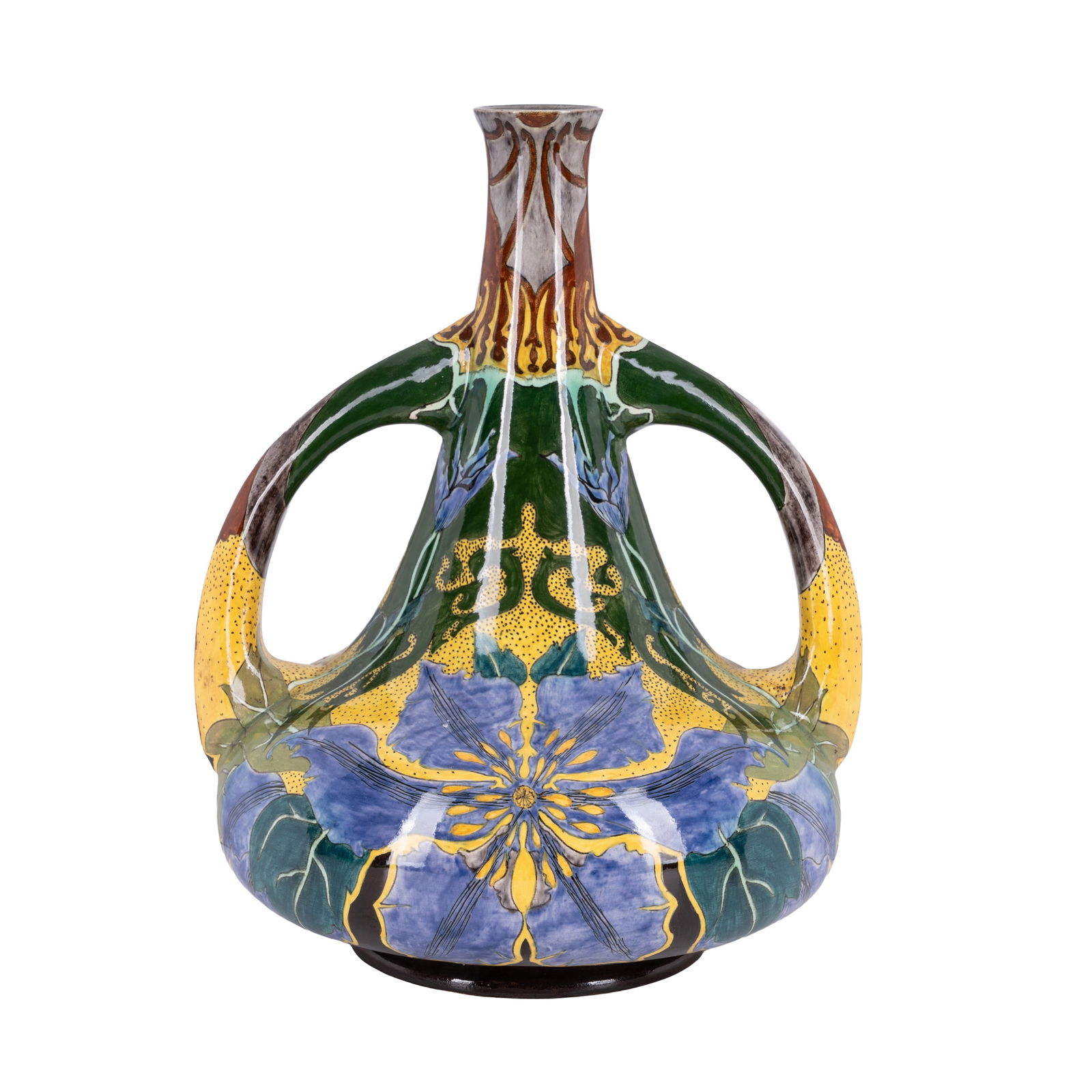 Brantjes & Co, Purmerende, Holland Art Nouveau two handled vase with purple clematis decoration,: 1896 Painted and glazed earthenware Underside hand painted 'Faiences de Purmerende Hollande', '1077 Decor A', the Brantjes clog mark and 'NB' (for Nicolaas Brantjes) and 'GN' 35cm high, approx 28cm wi