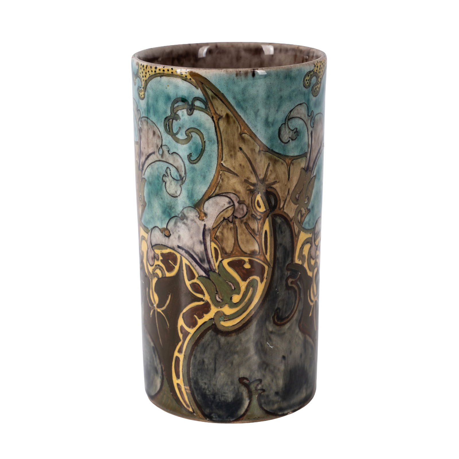 Rozenburg den Haag, Holland Cylindrical vase or beaker: 1898 Painted and glazed earthenware Underside with painted stork mark, year mark and indistinct model number 12.5cm high Provenance:Property of a private collector of Dutch Decorative Arts