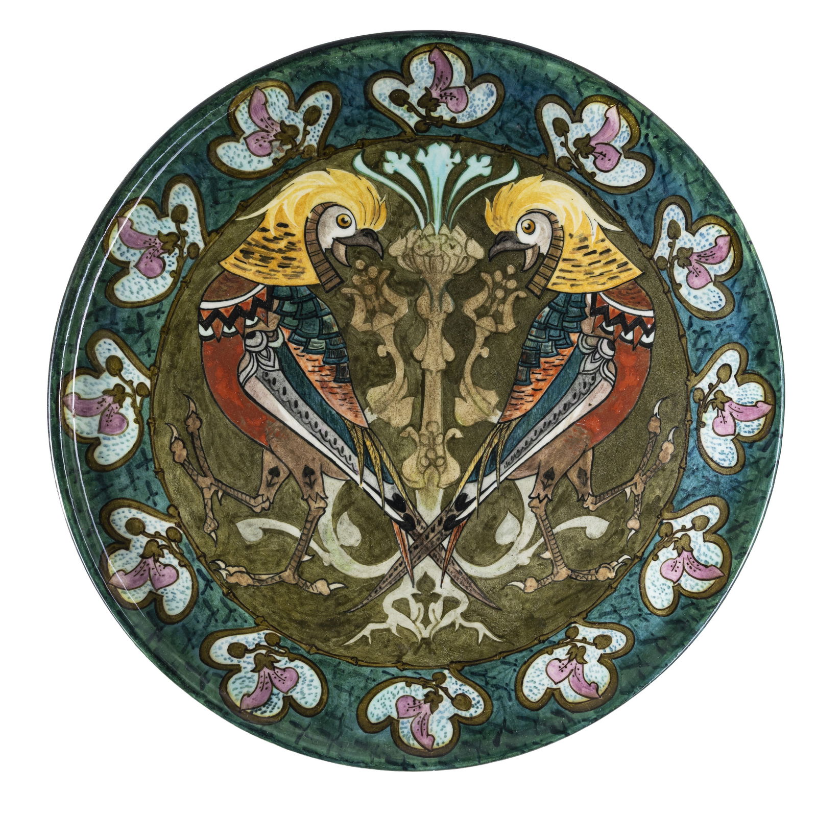 Art Nouveau, probably Dutch Rare or possibly unique large wall charger depicting twin cockatoos: 1887 Painted and glazed earthenware Artists monogram and date painted verso, other printed and painted marks 45.5cm diameter Provenance:Property of a private collector of Dutch Decorative Arts Notes: