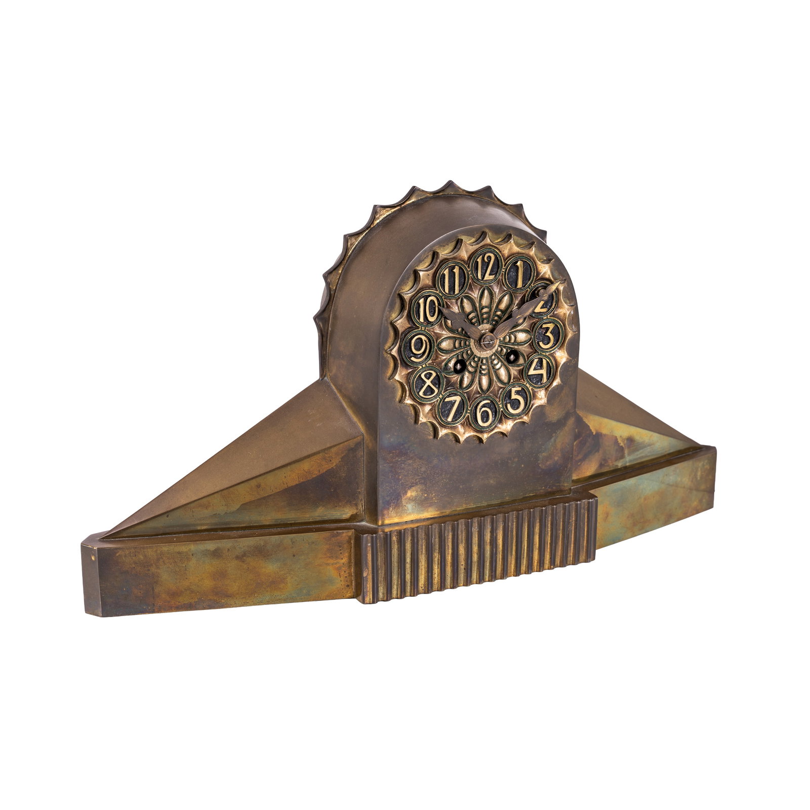 Hildo Krop or Henri Lantman for Winkelman & Van der Bijl (attributed) Amsterdam School clock: Circa 1925 Brass, bronze dial Unmarked 48cm wide, 26cm high Provenance:Property of a private collector of Dutch Decorative Arts Notes: Similar example described and illustrated at the Amsterdam School