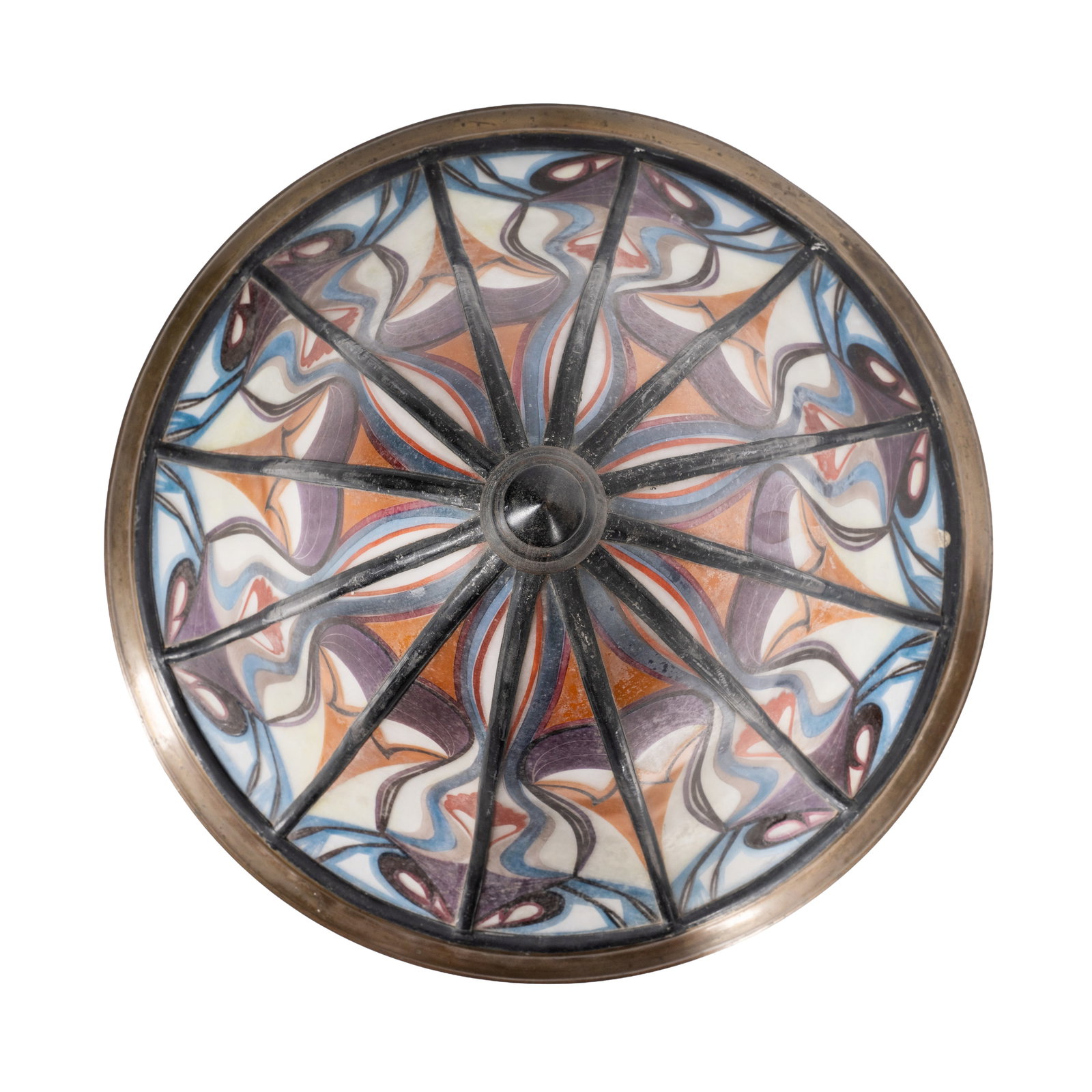 Frits Woltjes (Dutch 1903-1934) for De Nieuwe Honsel Amsterdam School 'Tuschinksi' ceiling light: Circa 1925 Painted opaque 'Polychrome' glass, brass Unmarked Shade height approx 34cm, 44.5cm diameter Literature Art Nouveau and Art Deco in Nederlands, by Frans Leidelmeijer and Daan van der Cingel,