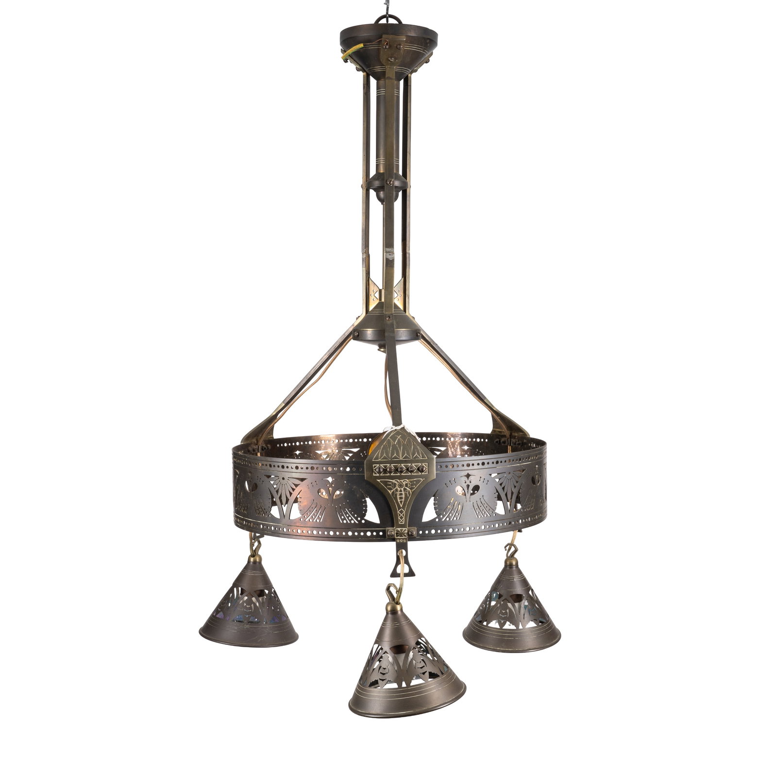 Amsterdam School, possibly Hendrik Petrus Berlage (1856-1934) Rare ceiling lamp with three hanging: Circa 1920 Brass, copper Unmarked Drop from ceiling approx 85cm, approx 42cm diameter, each of three shades 14cm diameter Provenance:Property of a private collector of Dutch Decorative Arts Notes: The