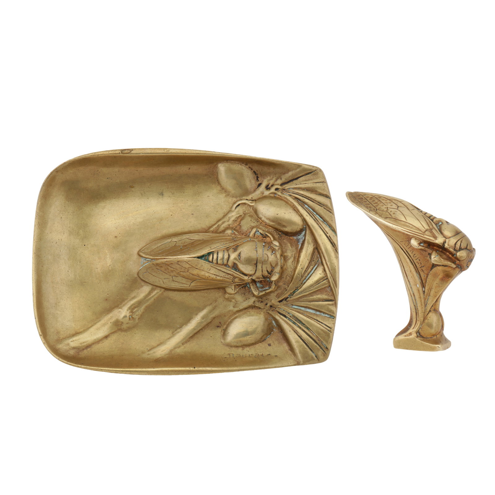 Maurice Daurat (French 1880-1969) Cicada or Cricket sealing wax tray and seal: Circa 1930 Gilt bronze Each signed Tray: 11 x 8cm, Seal: 5.5cm high (2) Notes: Maurice Daurat won a Grand Prix at the Exhibition of 1925 which garnered him fame throughout Europe as a sculptor in gold