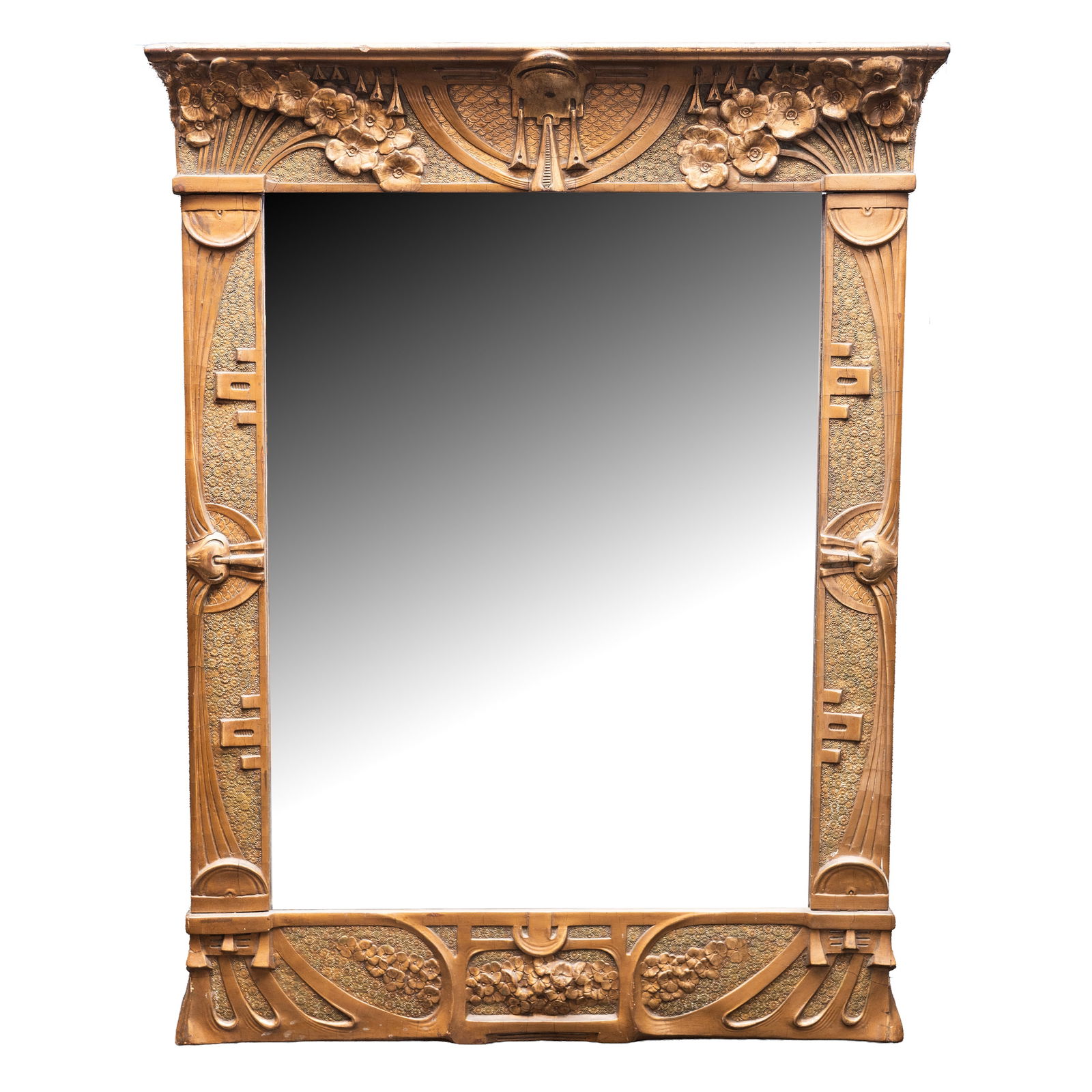 Art Deco, Europe Hall mirror with stylised flowers and geometric moulding: Circa 1915 Gilded carved wood Unmarked 86cm high, 65cm wide