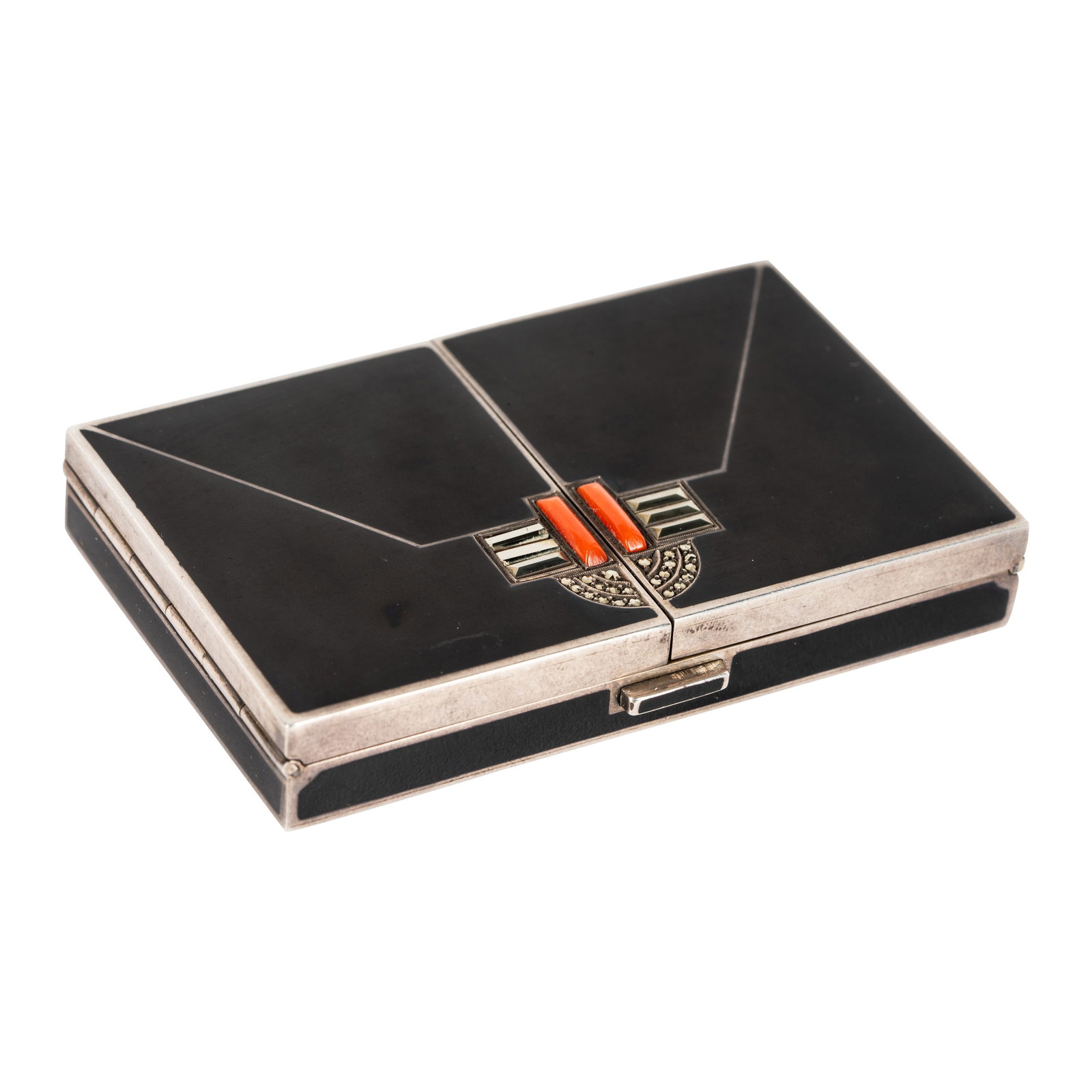 French Art Deco Egyptian style black compact with jewelled decoration: 1930-35 Black lacquer on silvered metal, paste marcasite and composite No marks found 7.3 x 4.2 x 1.2cm Literature Art Deco Collectibles; Fashionable Objects from the Jazz Age, by Rodney and Diana Cap