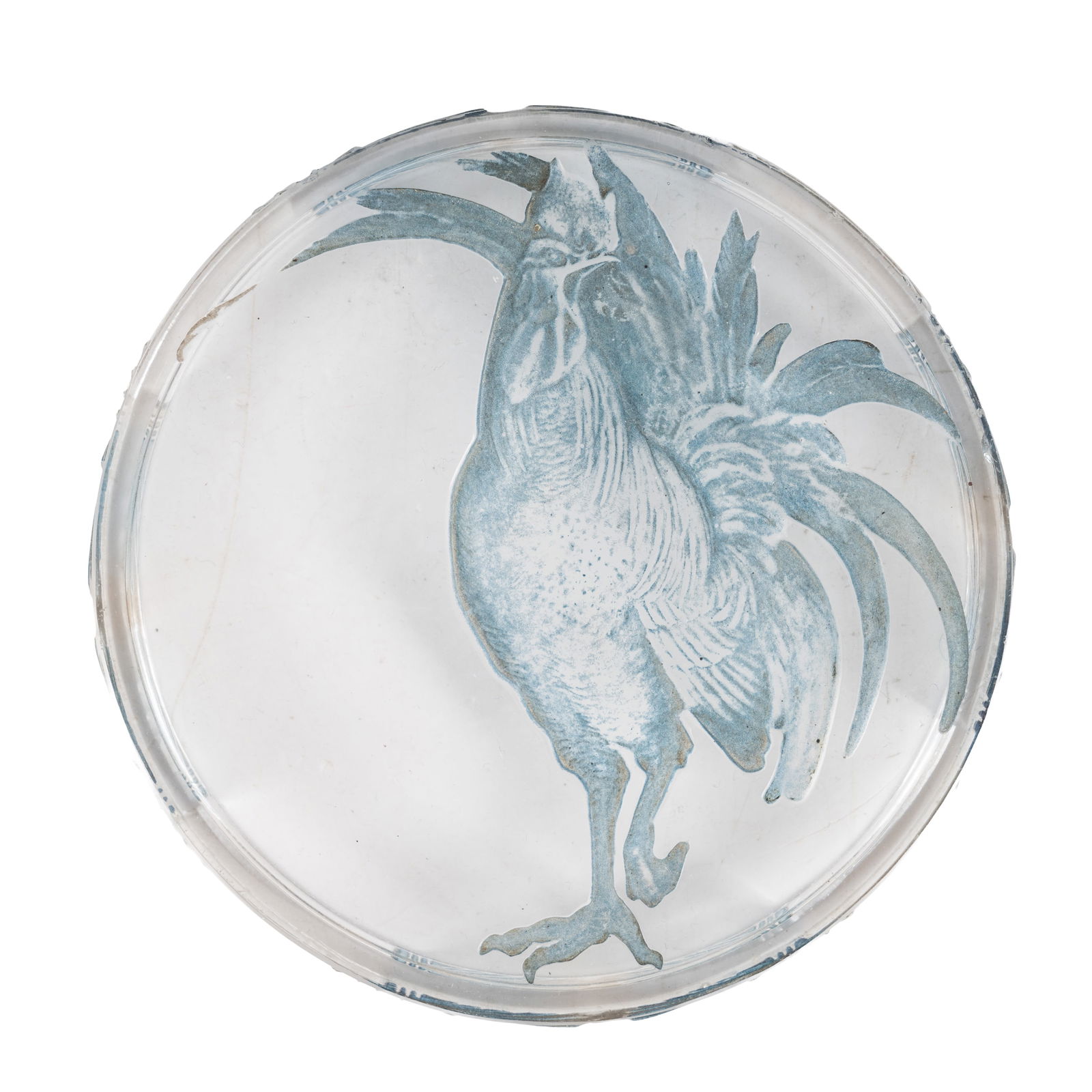 Rene Lalique (French 1860-1945) Coq powder box and cover: Circa 1915 Glass with blue staining Etched 'R Lalique France' 10.5cm diameter, 5cm high