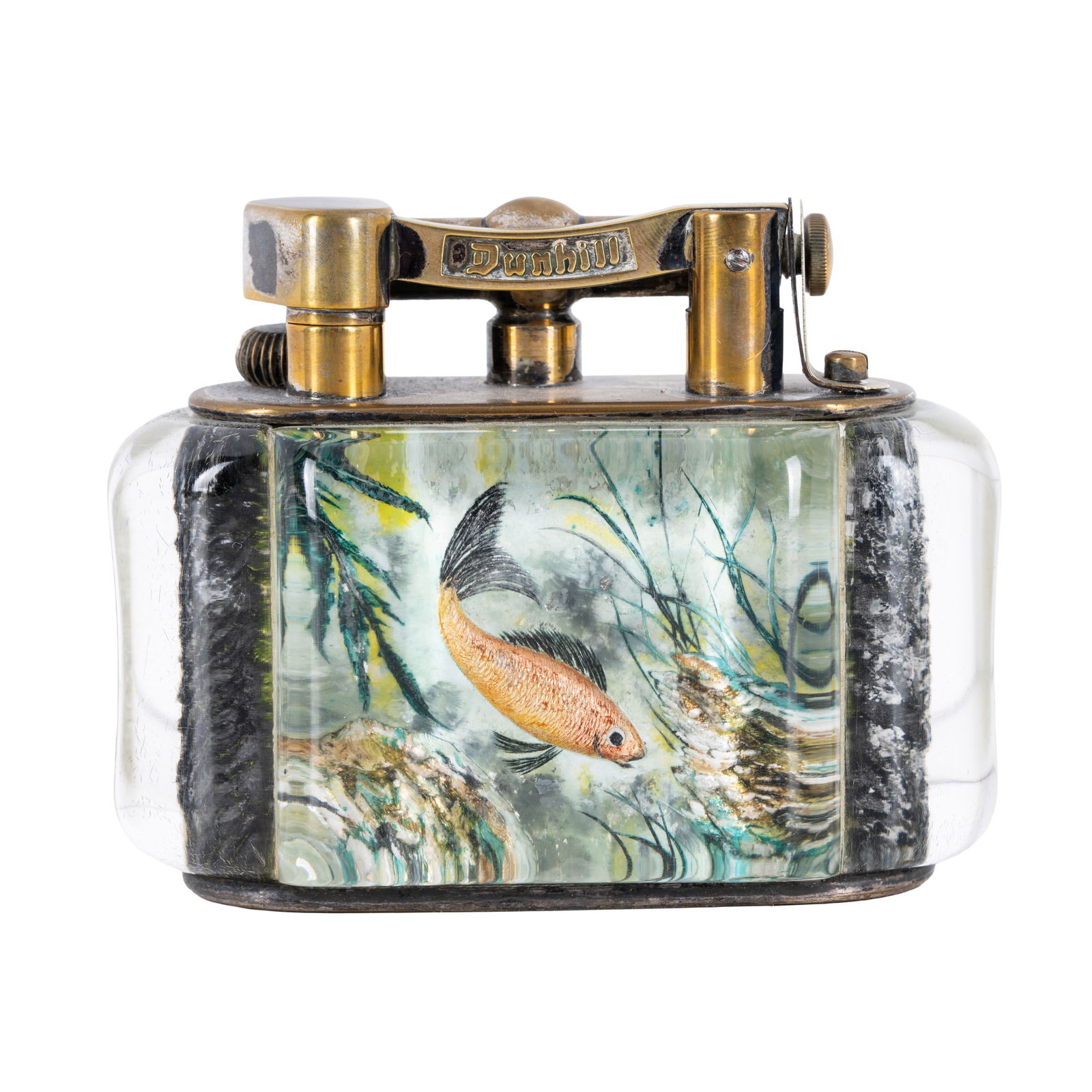 Alfred Dunhill (British 1872-1959) Half giant Aquarium lighter: Circa 1950s Lucite, reverse intaglio, silver-plated brass Marked 'Dunhill' to the bridge and 'Dunhill Lighter Made in England' to base 8cm high x 11cm wide x 3.5cm deep