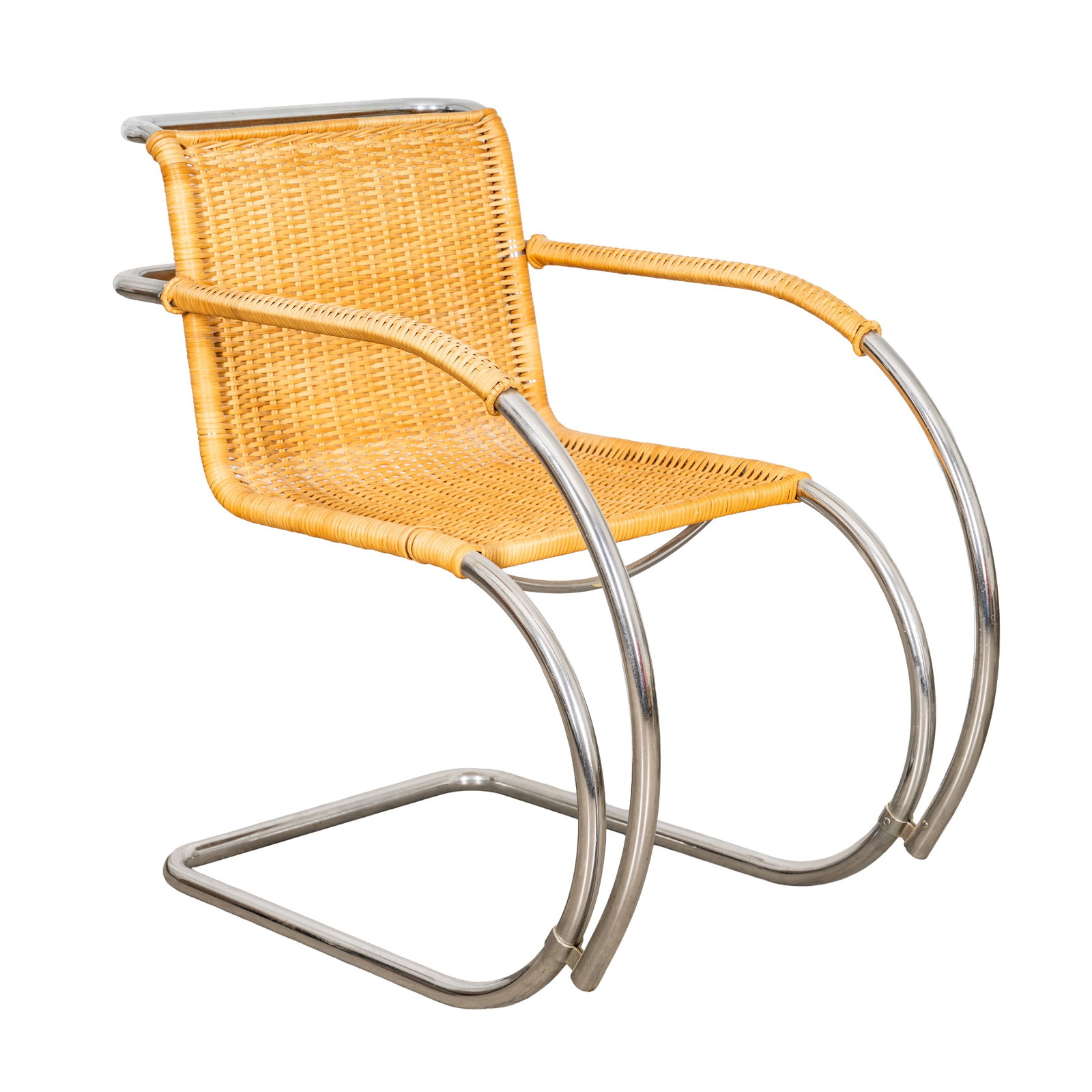 After Ludwig Mie Van Der Rohe (German 1886-1969) 'MR20' Style Chair: Originally designed 1927, this model later Rattan, chromed steel Unmarked 81.5cm high x 55.5cm wide x 85cm deep