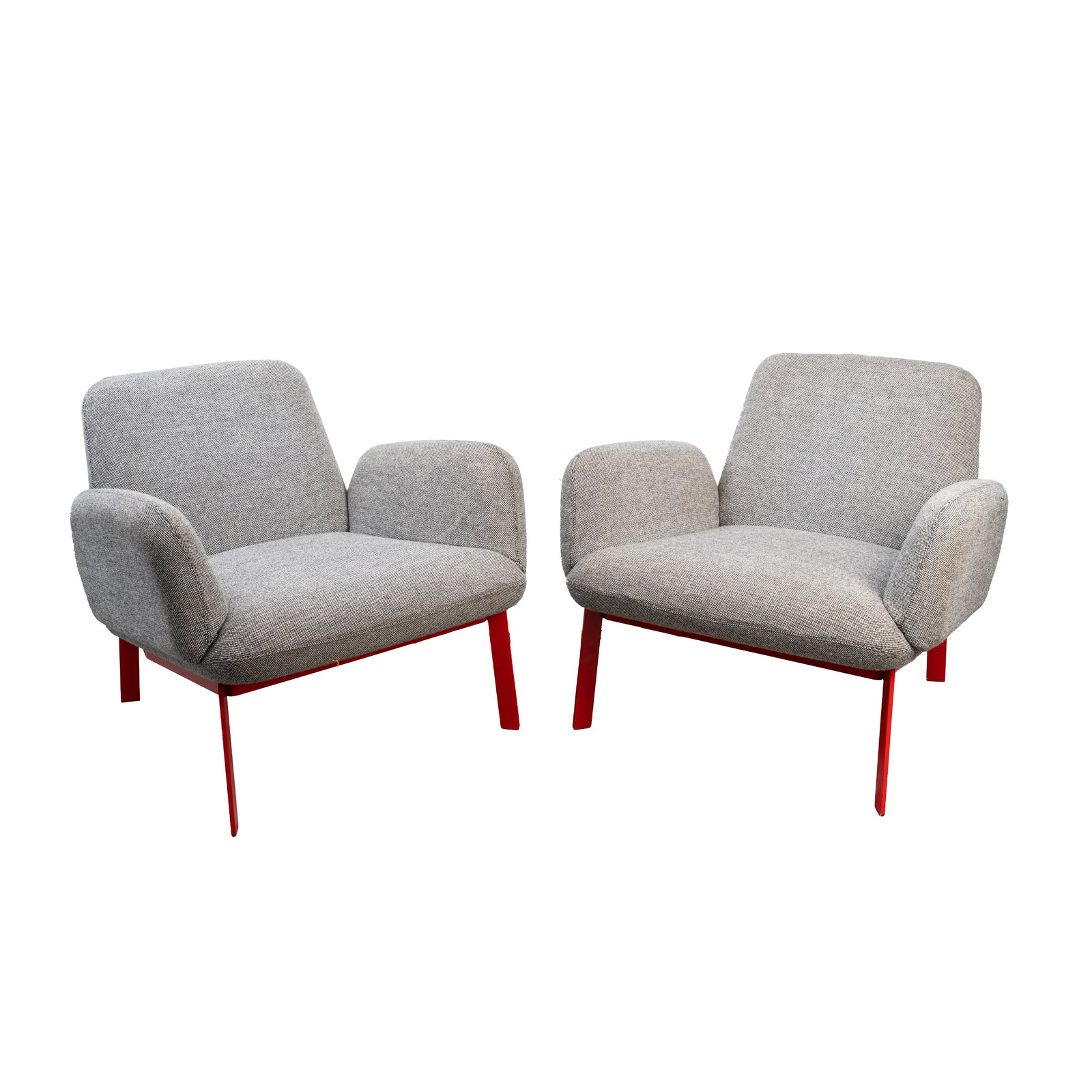 Andre Klauser and Ed Carpenter (British, 21st Century) for Established & Sons, Britain Pair of: Contemporary Grey marl upholstery, red enamelled metal Fabric Established & Sons label to underside 71cm high x 79cm wide x 76.5cm deep