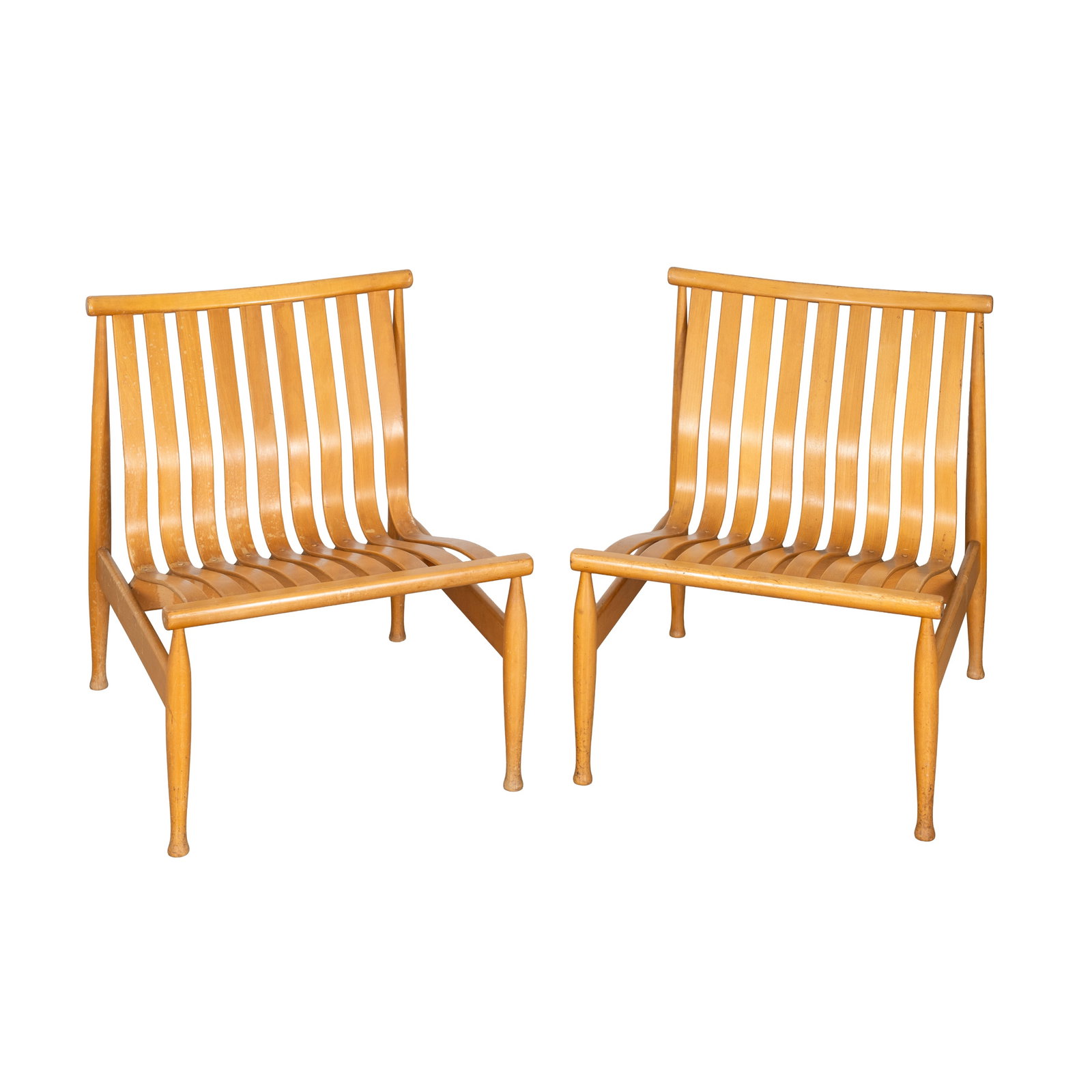 Hans Brattrud (Norwegian 1933-2017) for Hove Møbler, Norway A pair of 'Arktis' easy chairs: Circa 1960s Beech wood Applied 'Hove Møbler' plaques to underside 60cm high x 68.5cm wide x 72cm deep