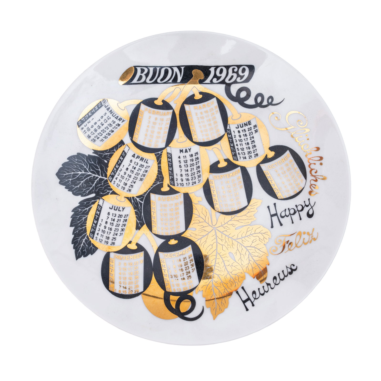 Piero Fornasetti (Italian 1913-1988) 'Calendario' 1969 Plate: 1969 Printed marks to underside, in original Fornasetti malachite style box 24cm diameter Provenance:From a private Italian collection