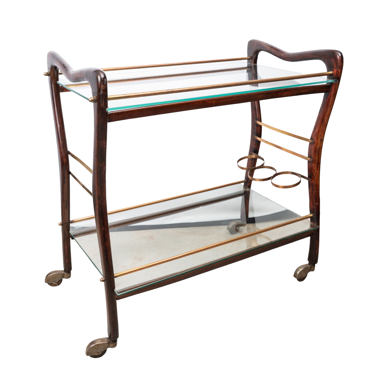 Attributed to Paolo Buffa (Italian 1903 to 1970) Bar cart or trolley: 1940s Brass finished copper, curly maple, glass 72cm high x 69cm wide x 44cm deep Provenance:From a private Italian collection