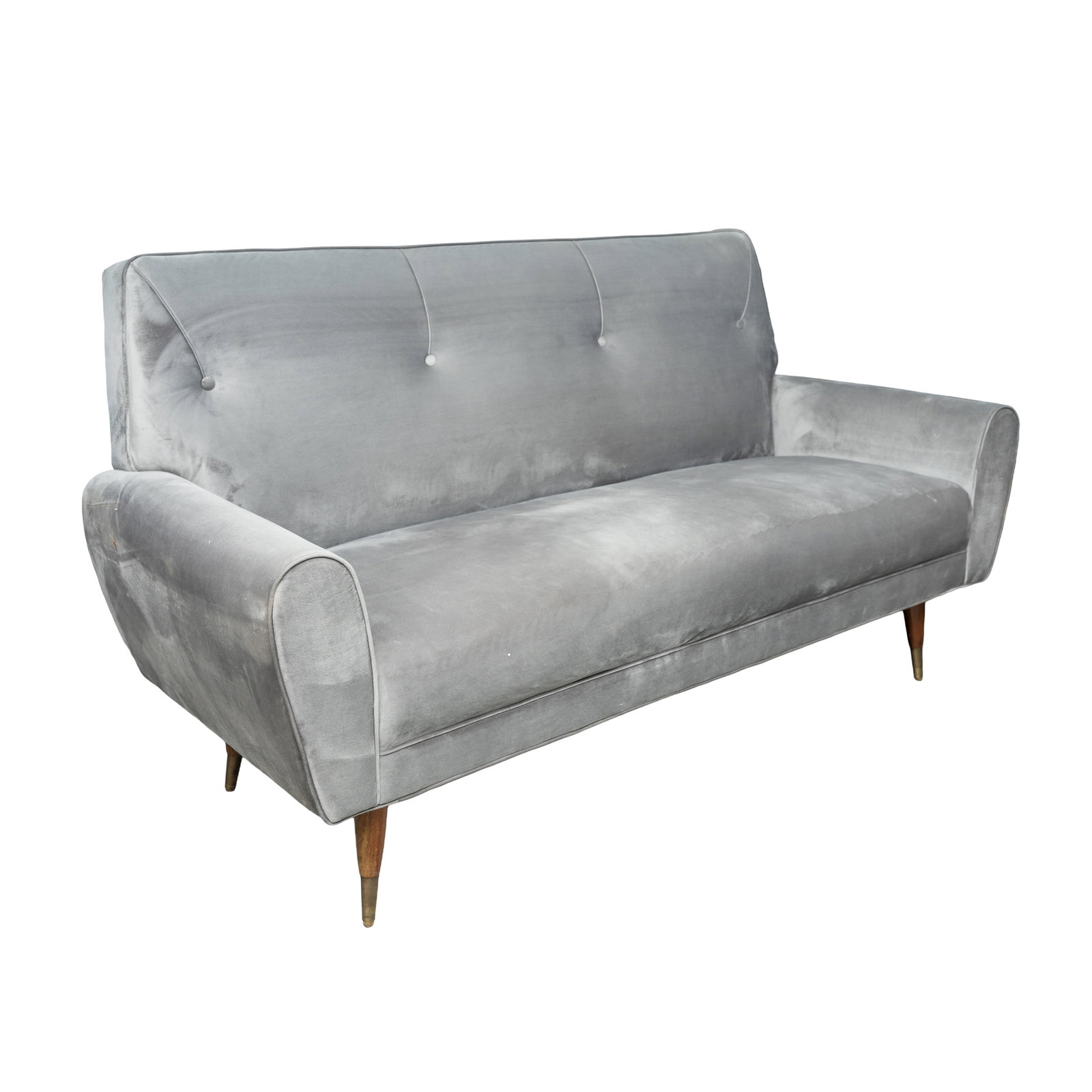 Attribued to Aldo Morbelli for I.S.A, Bergamo, Italy Sofa: 1950s Grey velvet upholstery, walnut, with brass finials 65cm high x 155cm wide x 60cm deep Provenance:From a private Italian collection