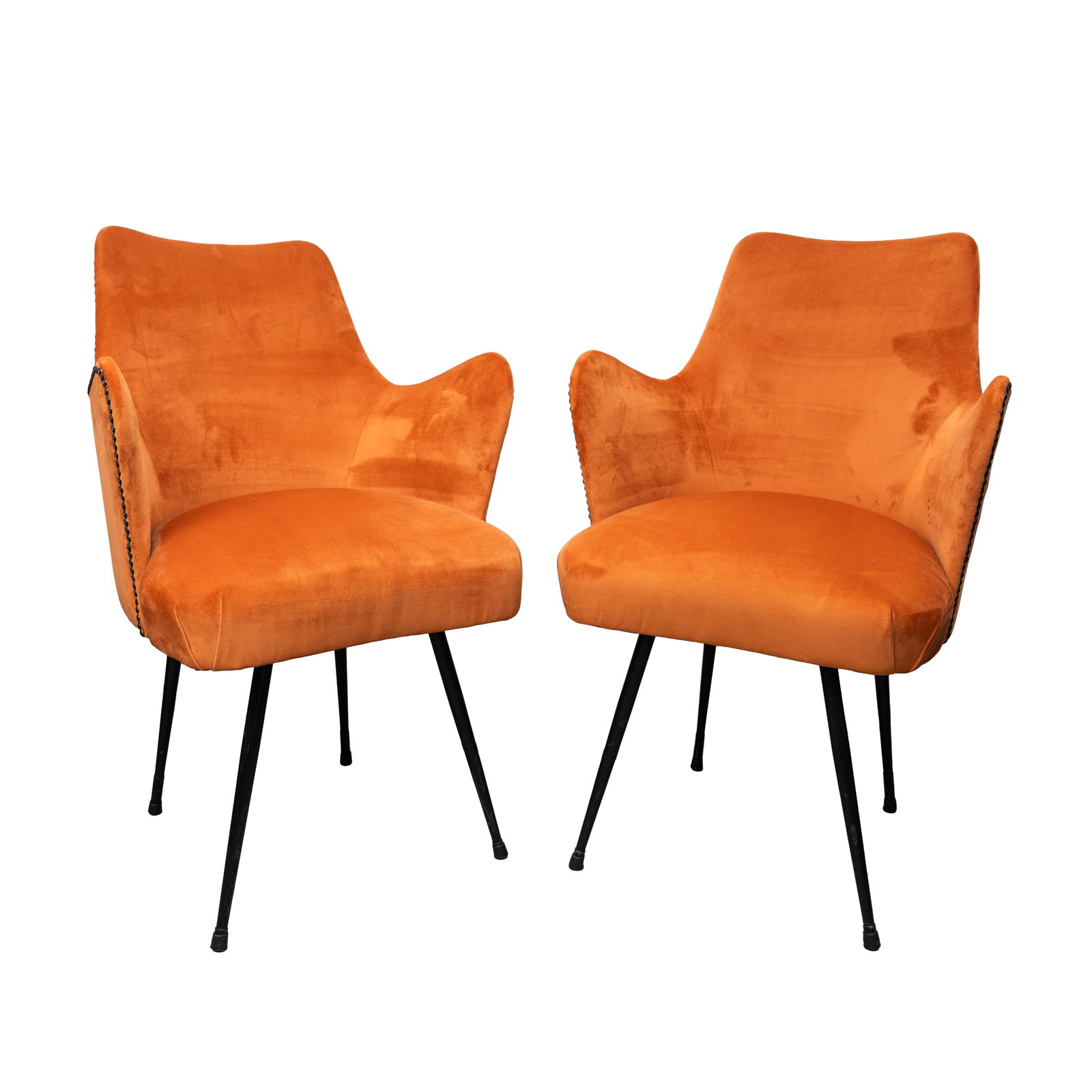 Nino Zoncada (XX Italian) Pair of armchairs: 1950s / 1960s Rust coloured upholstery, enamelled steel 87cm high x 56cm wide x 46cm deep Provenance:From a private Italian collection