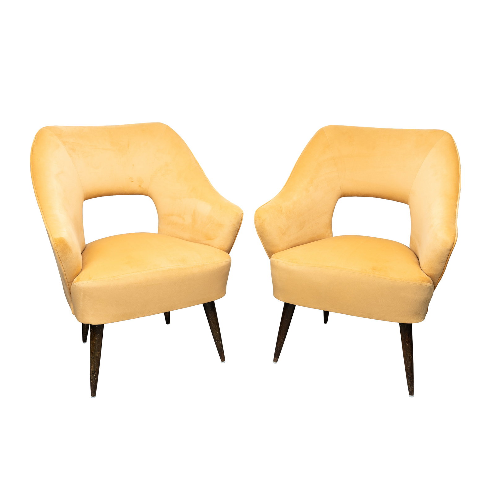 Attributed to Carlo Di Carli (Italian 1910-1999) Pair of armchairs: 1950s Pale velvet apricot upholstery, stained walnut 81cm high x 53cm wide x 57cm deep Provenance:From a private Italian Collection