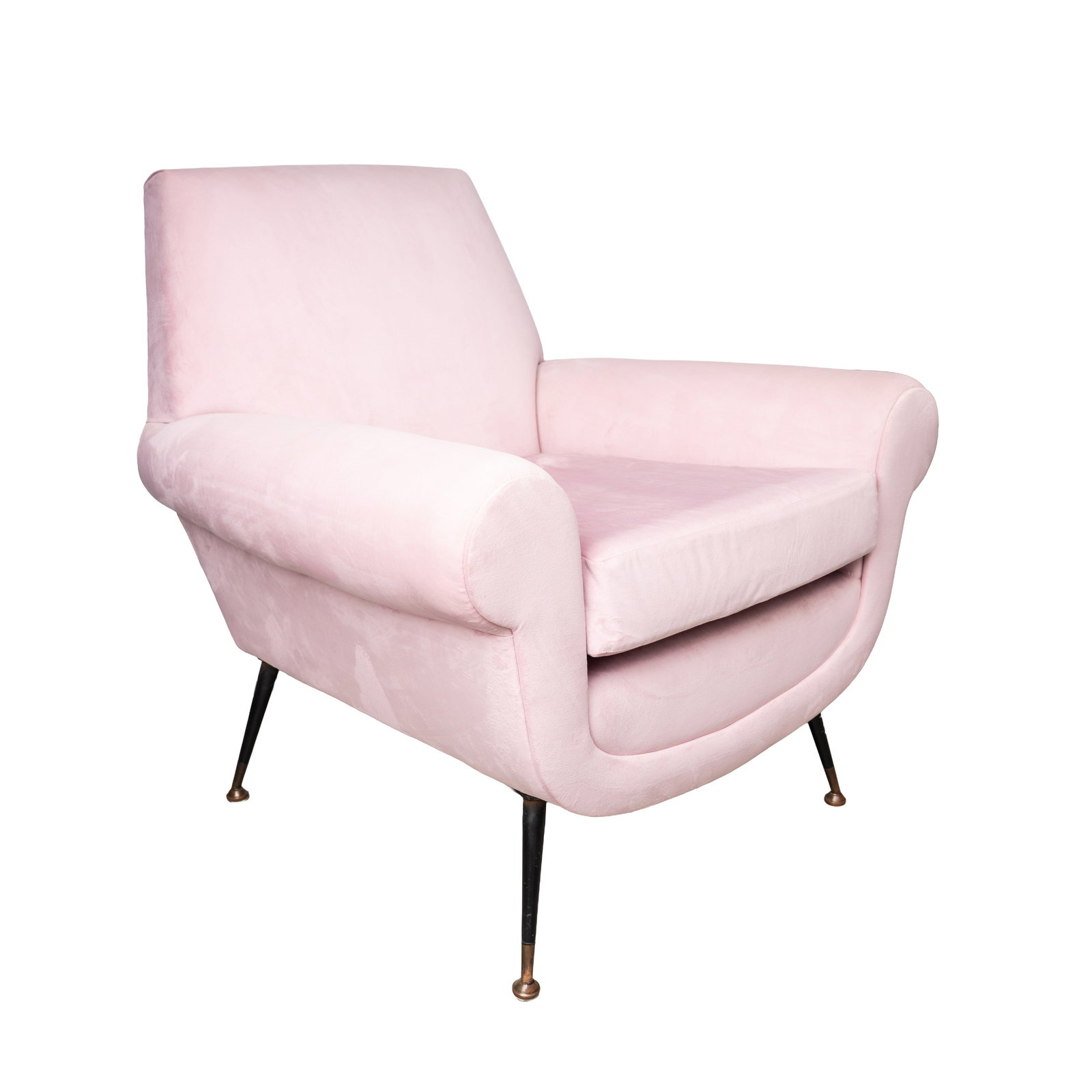 Luigi "Gigi" Radice (Italian 1924–2002) Armchair: 1950s to 1960s Pink velvet upholstery, lacquered steel frame, brass 80cm high x 85cm wide x 74cm deep Provenance:From a private Italian collection
