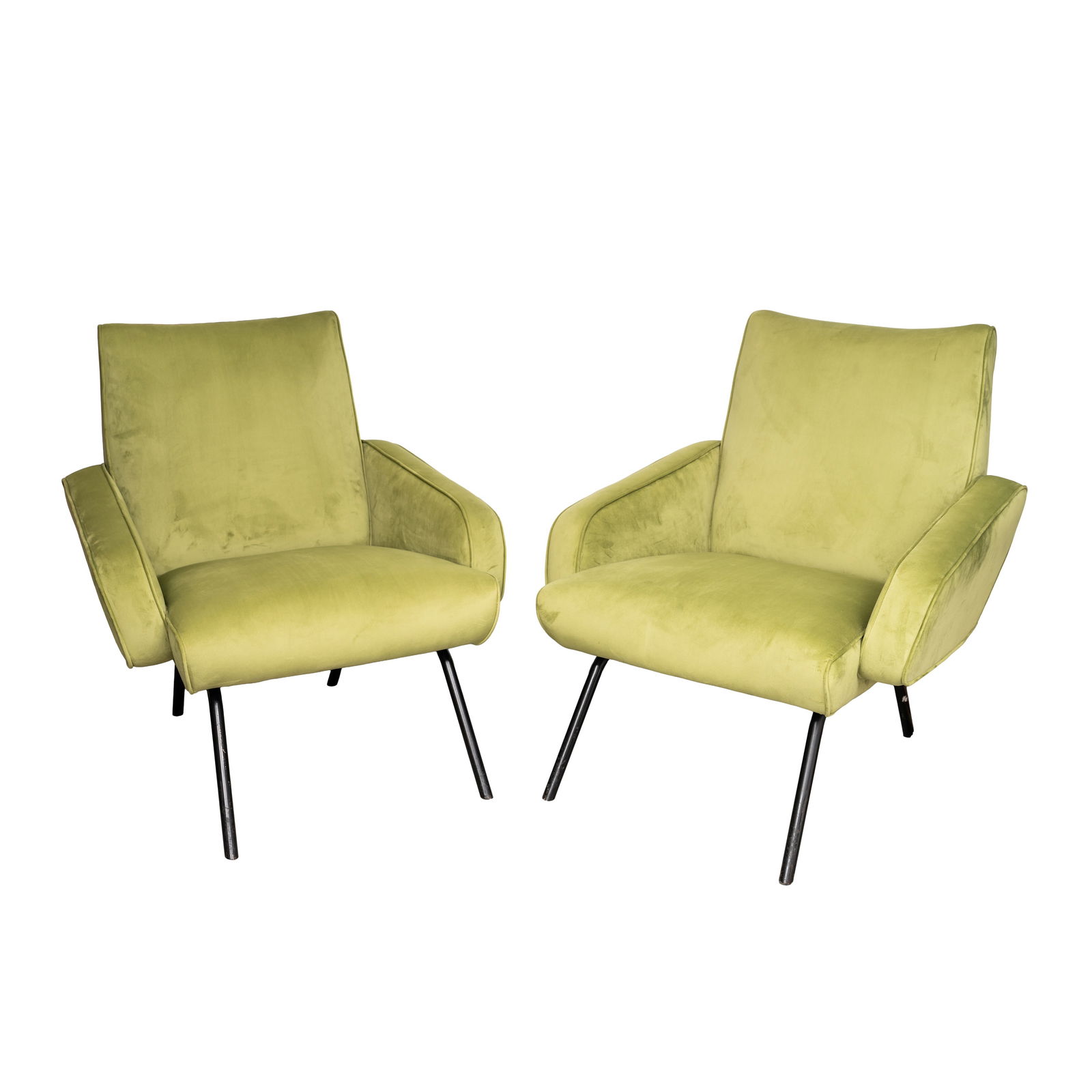 Attributed to Carlo Di Carli (Italian 1910-1999) Pair of armchairs: Circa 1950s Olive green velvet upholstery, enameled metal frame 79cm high x 66cm wide x 66cm deep Provenance:From a private Italian collection