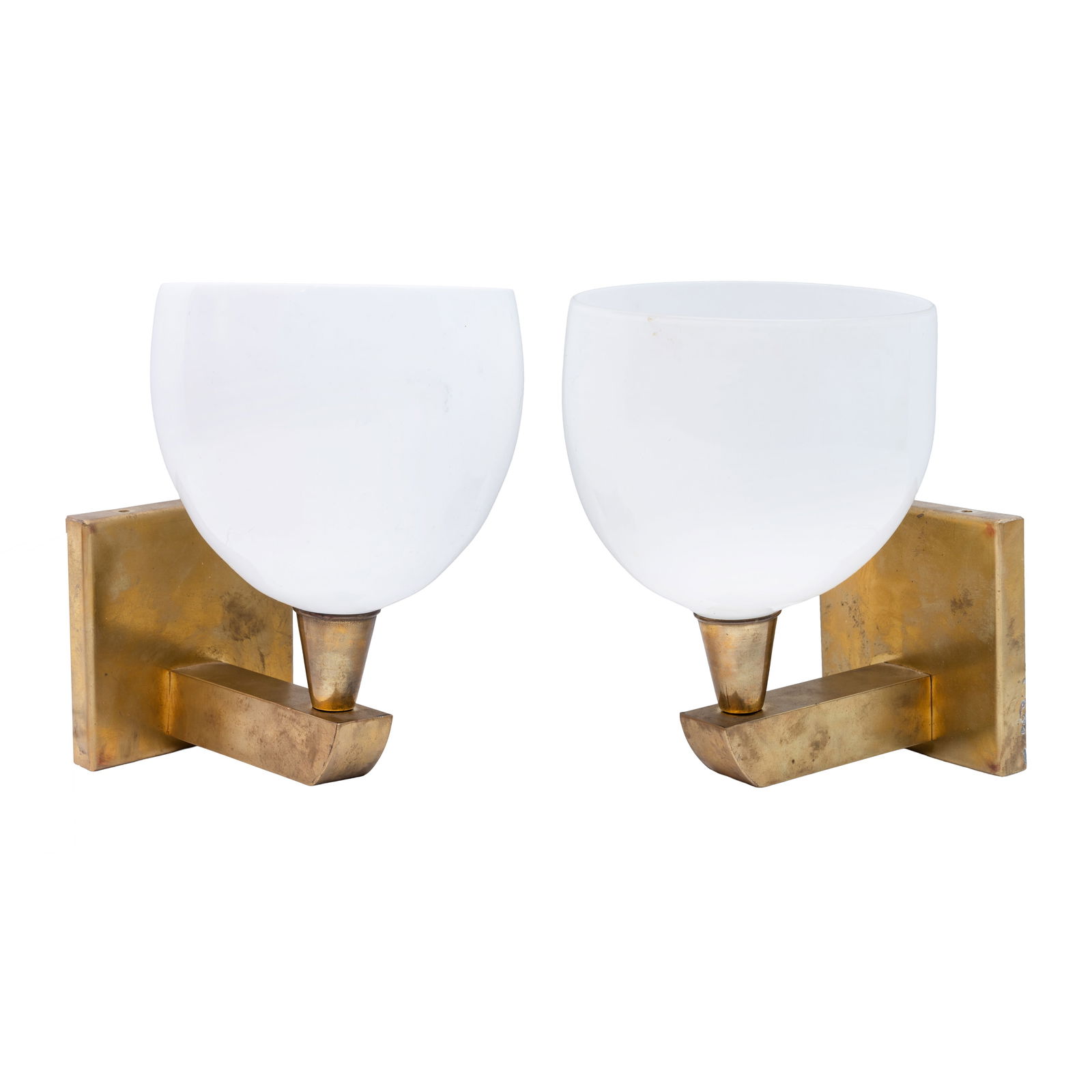 Attributed to Carlo Scarpa (Italian 1906-1978) Pair of 'Latte' cup wall lights: 1940s Murano milk glass, brass 23cm long x 14cm wide Provenance:From a private Italian collection