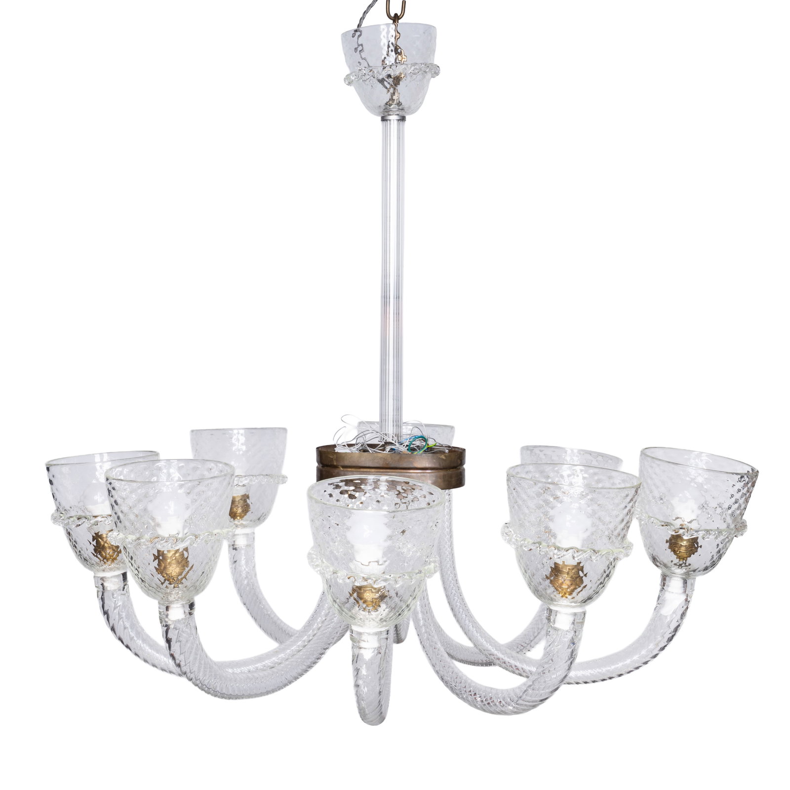 Barovier & Toso, Italy Six branch chandelier: 1950s Murano glass, brass fixtures 78cm high x 81cm x 55cm high Provenance:From a private Italian collection