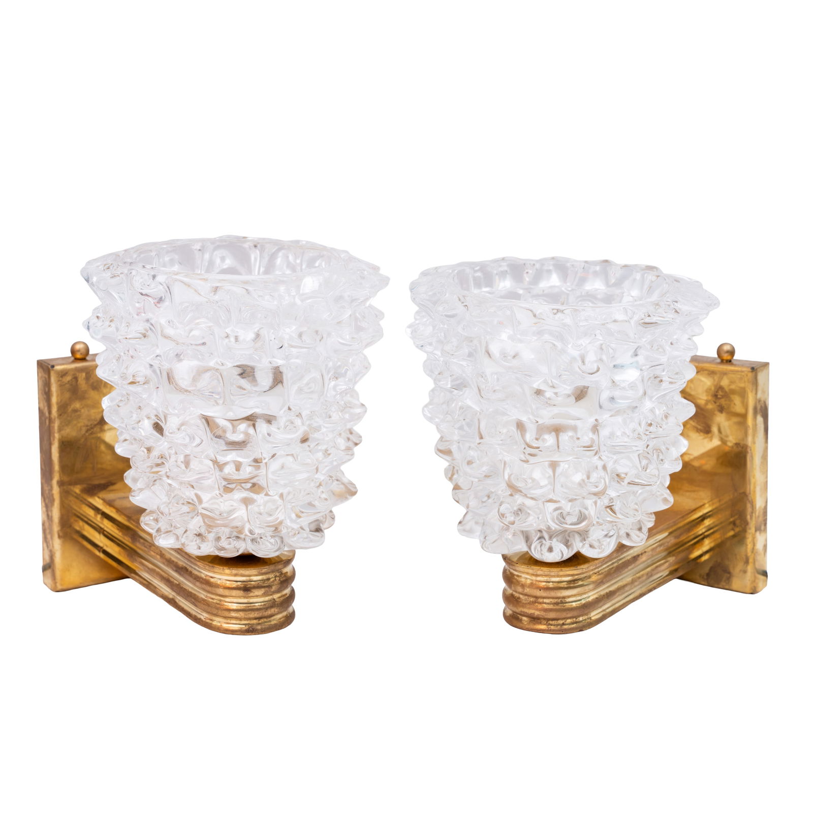 Barovier and Toso, Italy Pair of 'Rostrato' wall lights: Art Deco style, these models later Murano glass, galvanized brass 20cm long Provenance:From a private Italian collection