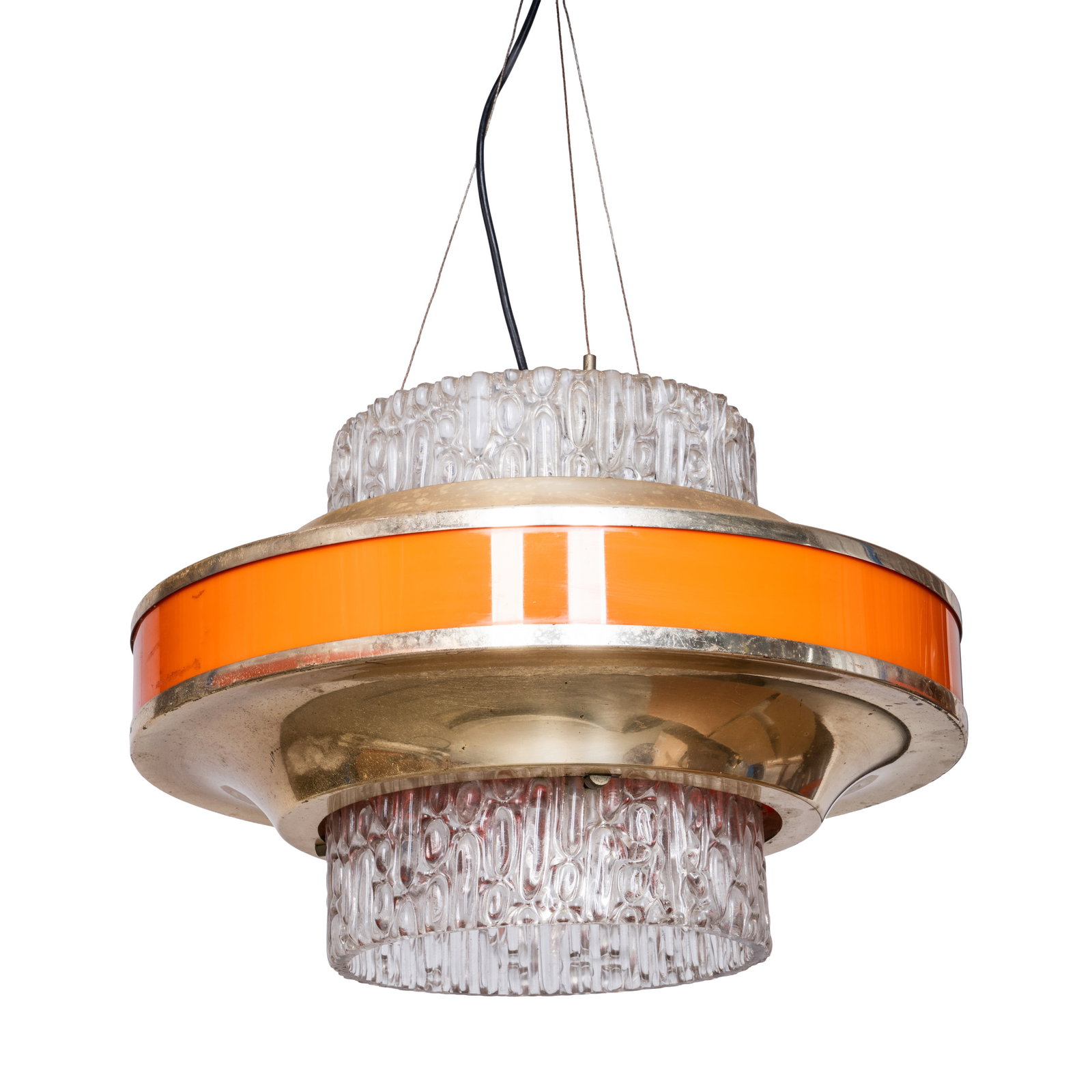 Space Age, Italy Ceiling light: Circa 1970s Glass, lacquered metal 26cm high x 50cm diameter Provenance:From a private Italian collection