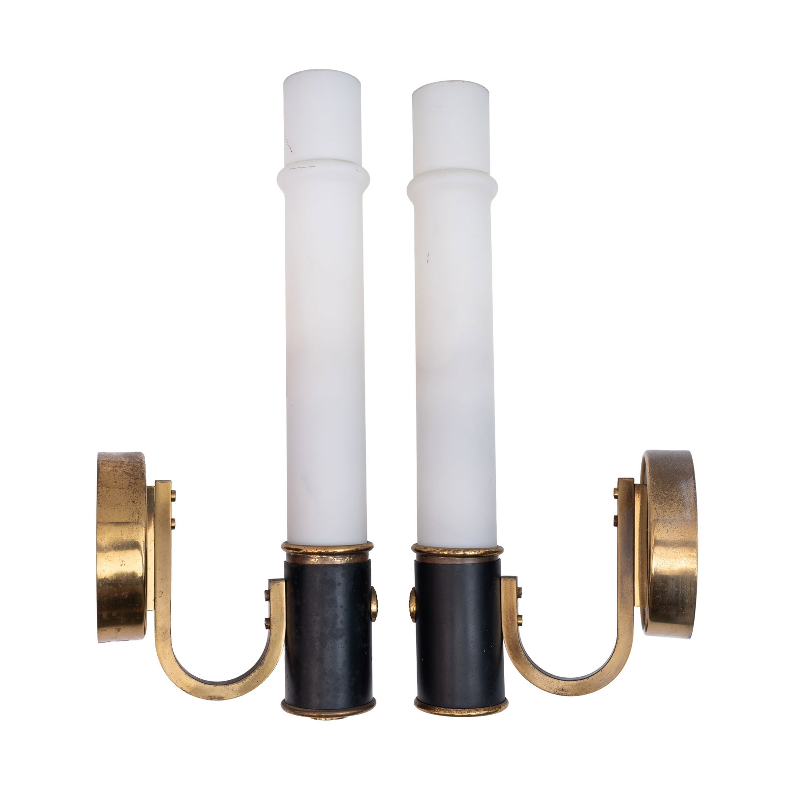 Sciolari, Italy Pair of wall lights: Circa 1960s Opaline glass difuser, lacquered metal, brass Applied Sciolari label to reverse, remnants of Sciolari label to other 45cm high Provenance:From a private Italian collection Notes: This lot
