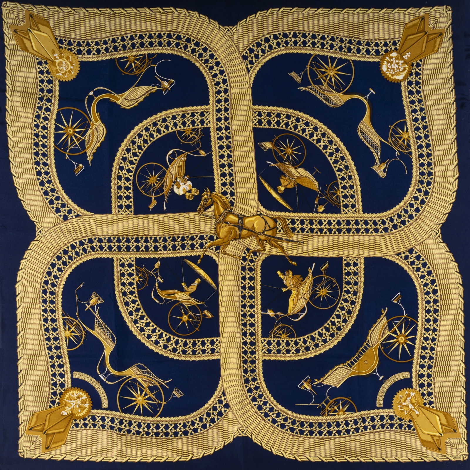 Julie Abadie (French, 20th Century) for Hermès, Paris Voitures Paniers scarf: Designed 1984 Silk Printed Hermes to corner 86cm x 86cm