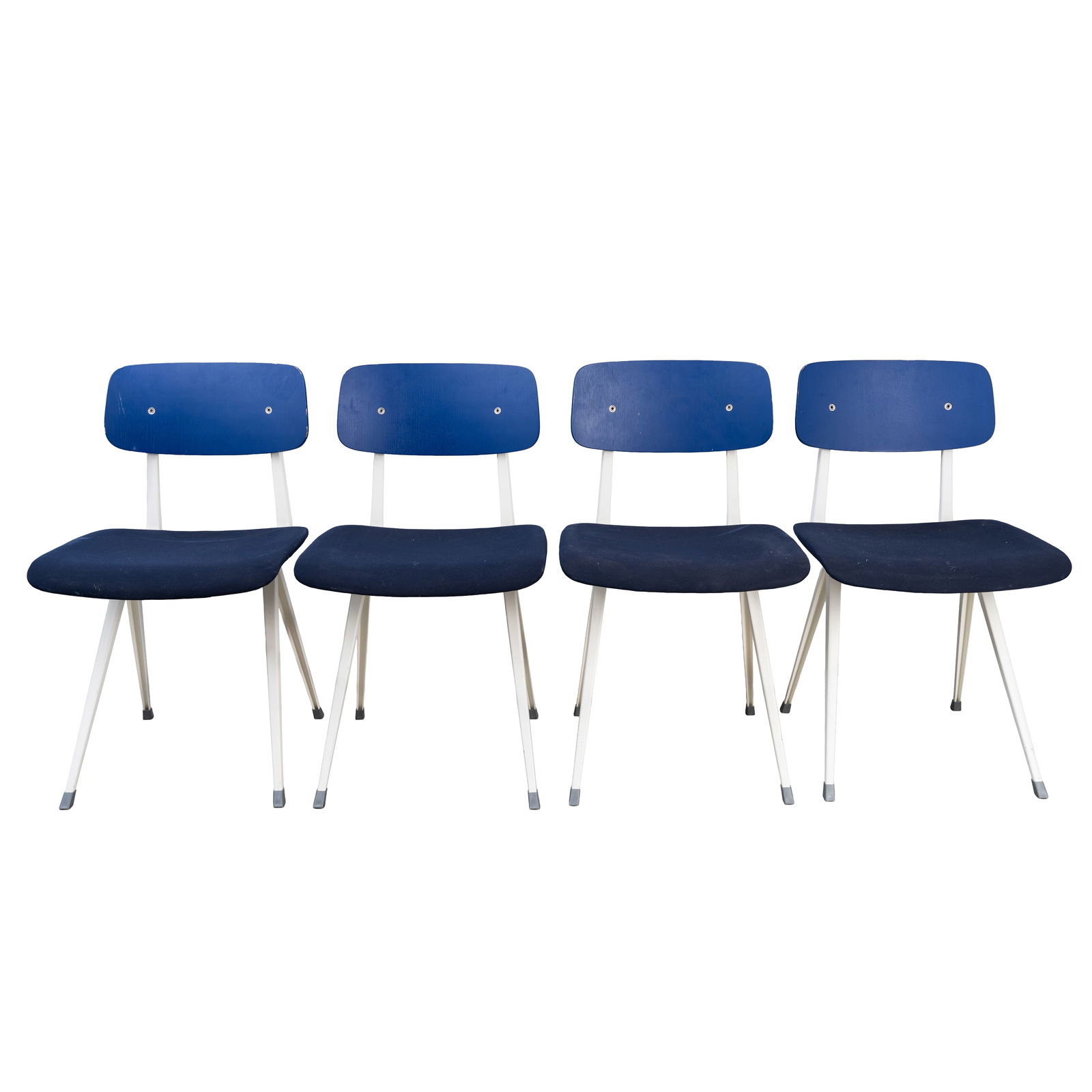 Friso Kramer (Dutch 1922-2019) and Wim Rietveld (Dutch 1924-1985) for HAY & Ahrend Set of four: Originally designed 1959, this model later Coated metal, coated wood, upholstery Applied manufactures label to underside 81cm high x 45.5cm wide x 48.5cm deep