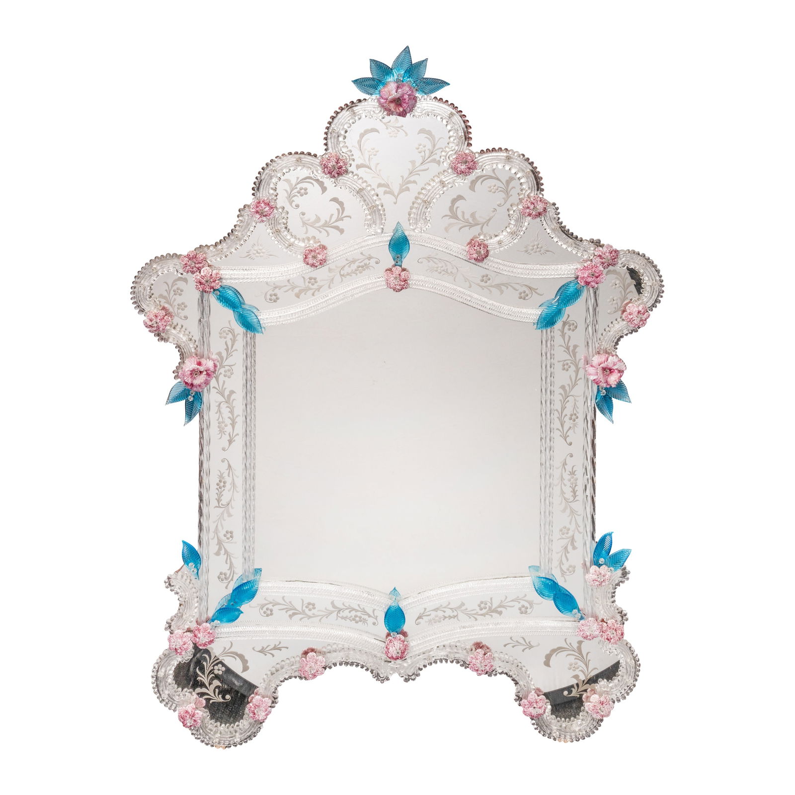 In the Manner of Murano, Italy Venetian style mirror: Contemporary Blue and pink glass, mirrored glass 147cm high x 97cm wide Preview: By Appointment