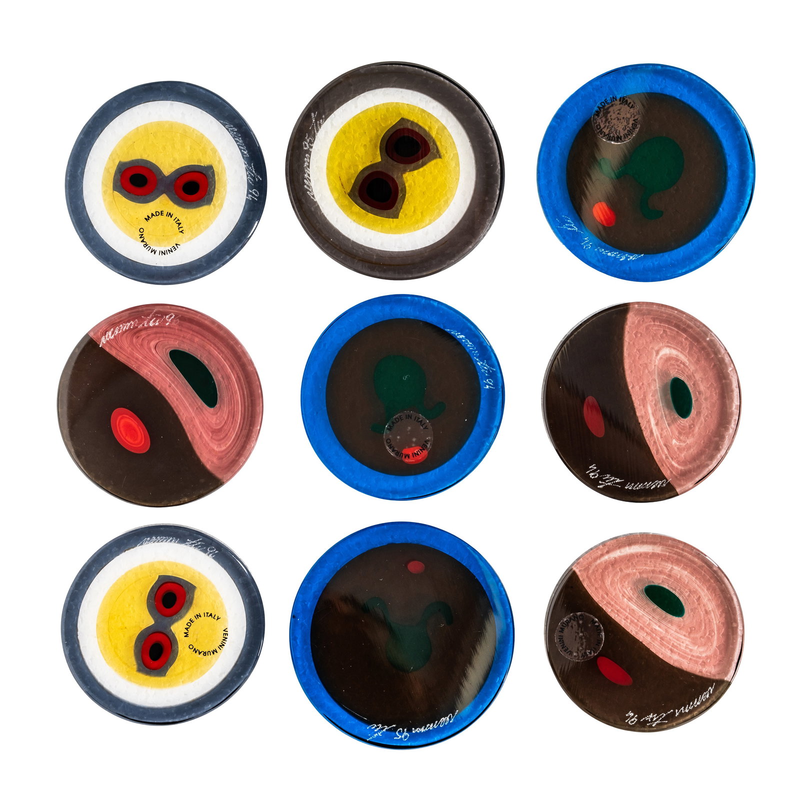 Tapio Wirkkala (Finnish 1915-1985) for Venini, Murano Group of 9 Murrines: Circa 1996 Glass Each signed and dated, in original dustbags 6cm diameter