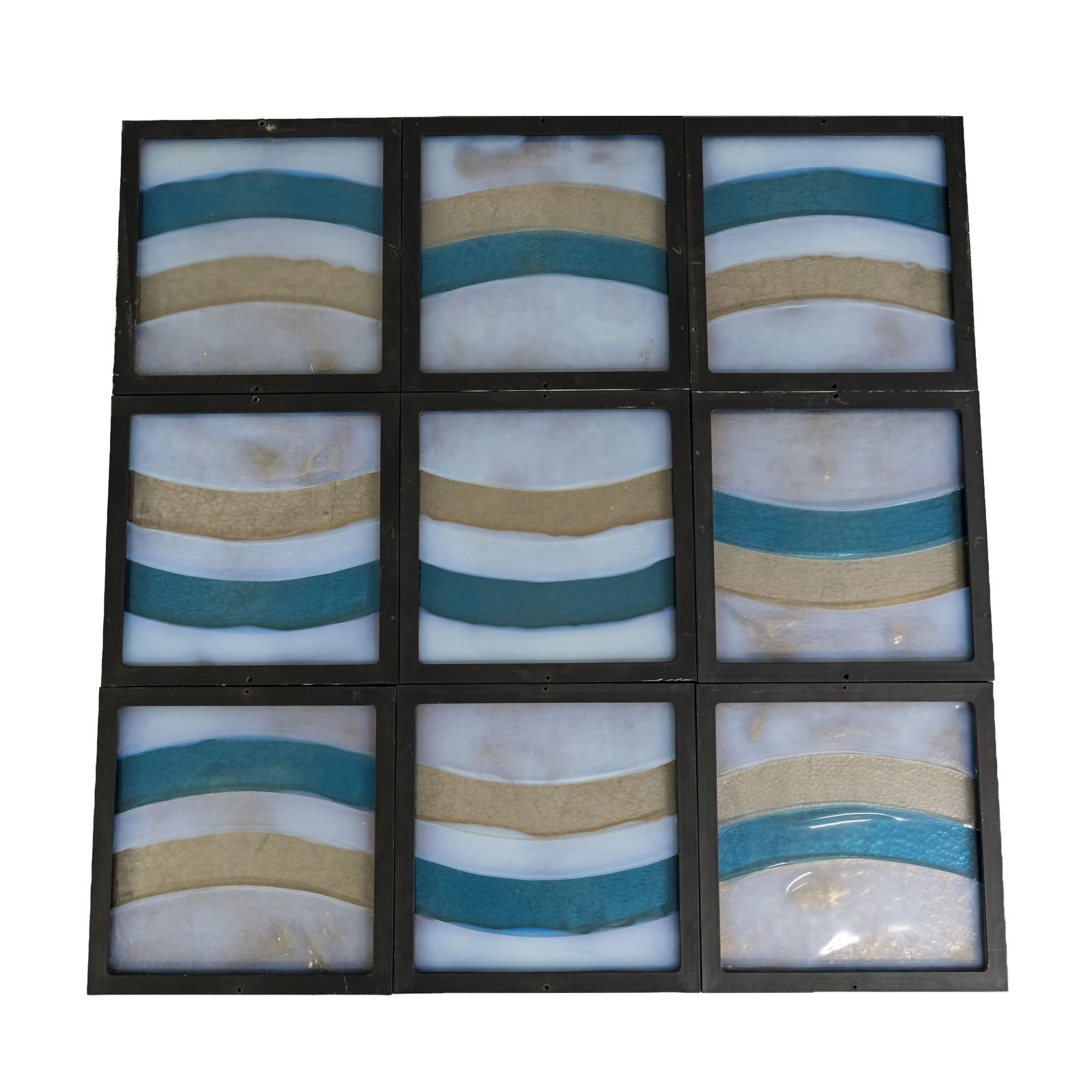 Leucos, Murano, Italy Collection of nine framed glass panels: Circa 2000s Polychrome striped murano glass, ebonised frames 41cm high x 41cm wide