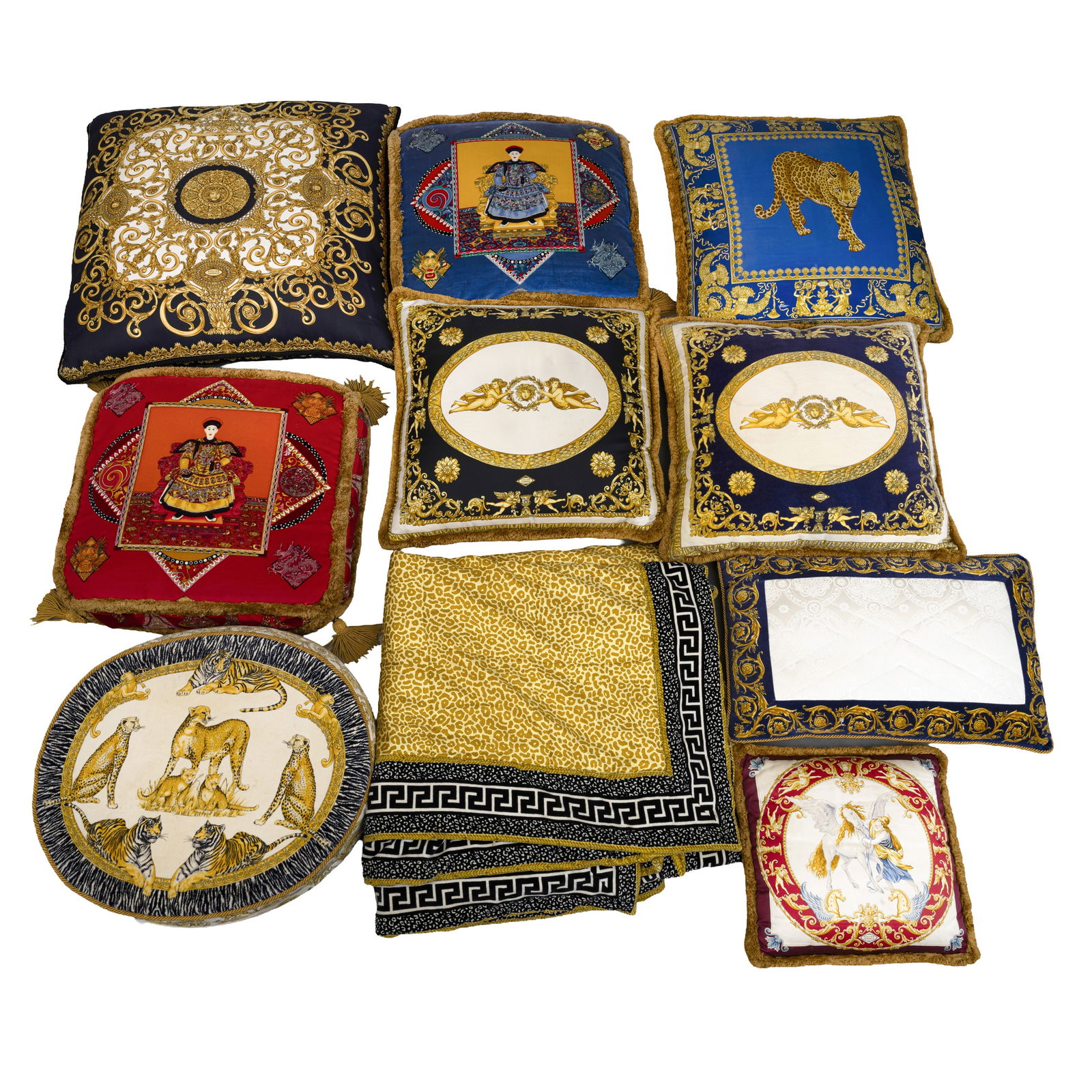 Versace, Italy Collection of soft furnishings: To include 8 cushions and a large throw Circa 1990s Cotton, silk Largest cushion: 80 x 80cm