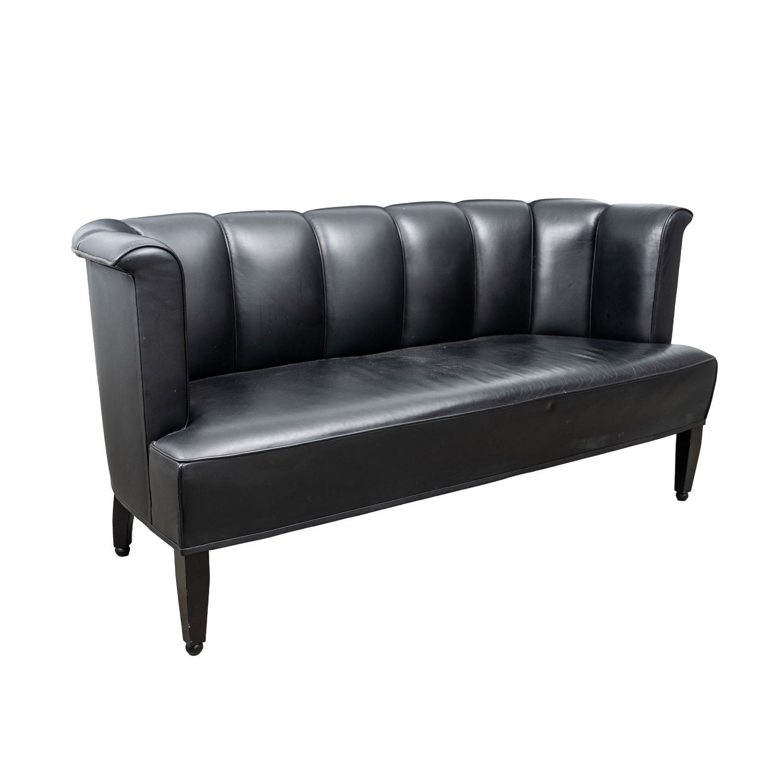 Josef Hoffmann (Austrian, 1870-1956) for Wittmann, Austria Sofa: Leather upholstery, ebonised feet Applied Wittman label and Hoffmann plaque to underside 74cm high x 162cm wide x 73cm deep